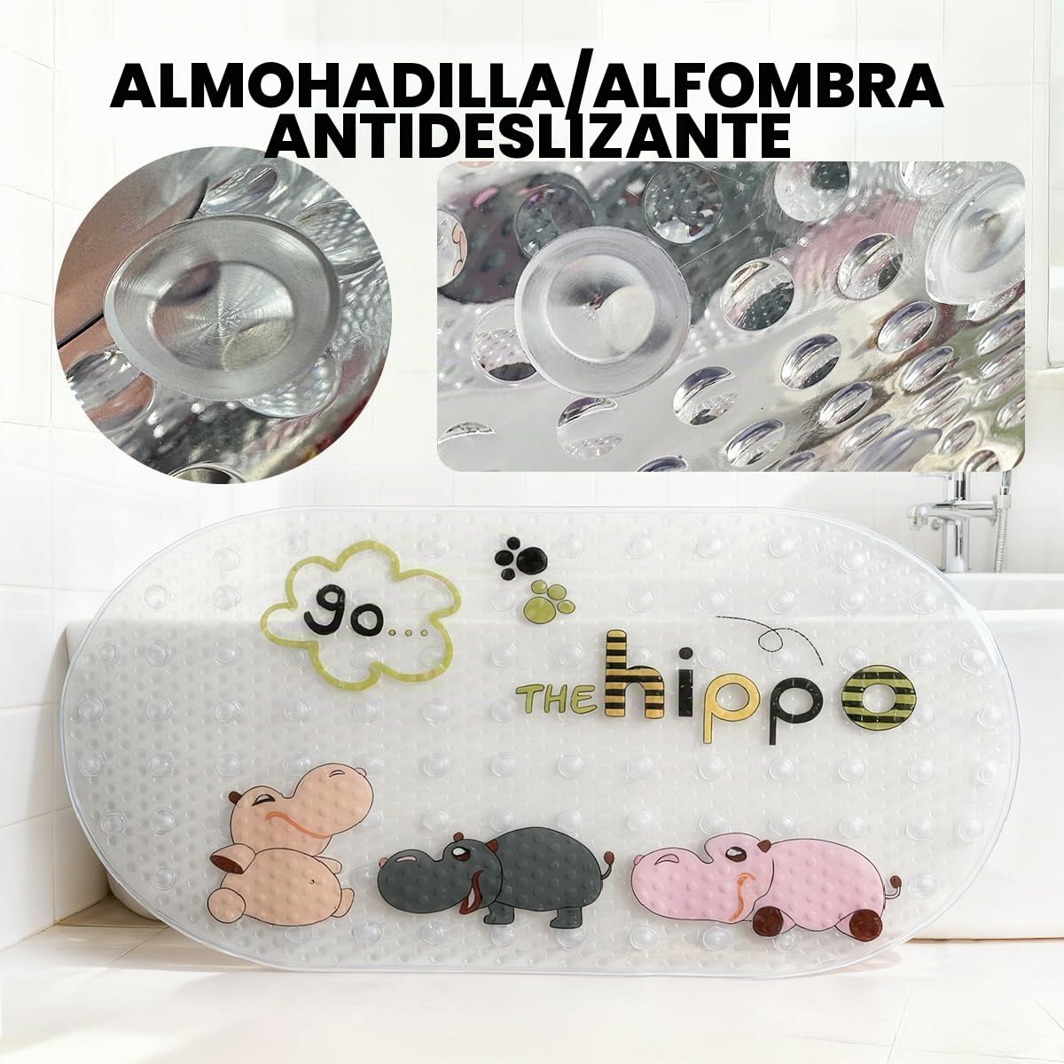 PTAPIPI Alfombra de Baño Antideslizante para Niños 69x39cm - Ovalada de PVC con Ventosas Fuertes, Lavable a Máquina, Multicolor Vibrante (Bonito Hipopótamo de Dibujo Animado) | Alfombrilla antideslizante ovalada con ventosas para bañera y ducha, lavable a