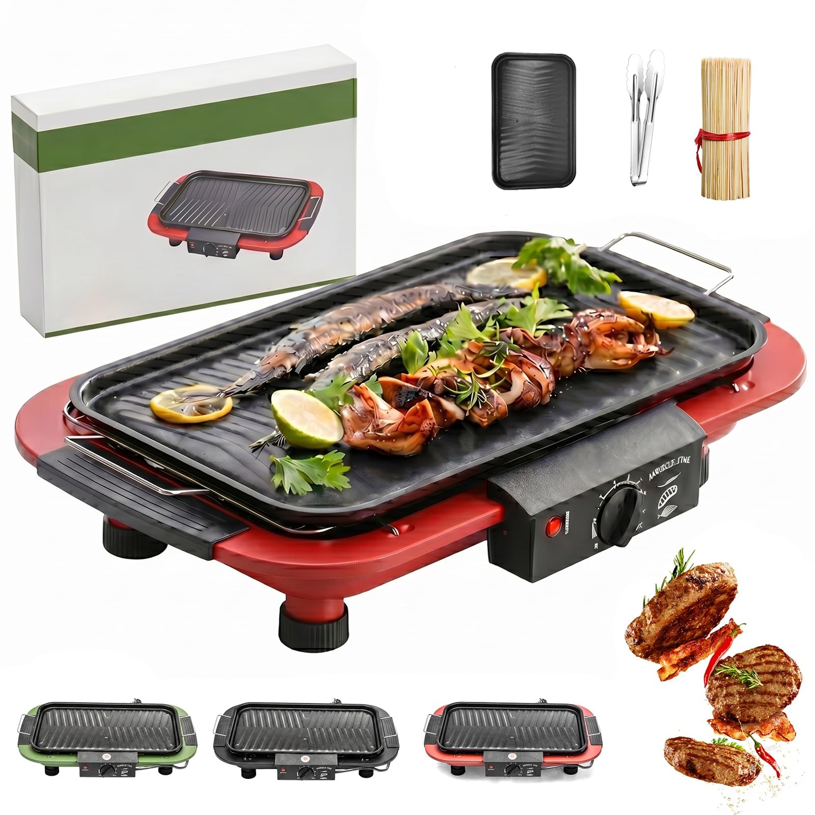 2000w Electric Bbq Grill, Smokeless Indoor & Outdoor Portable Barbecue With Removable Stand, 6 Temp Settings & Double Heating Tube, Includes Grilling Tongs, Skewers, And A Grill Pan.(Red)