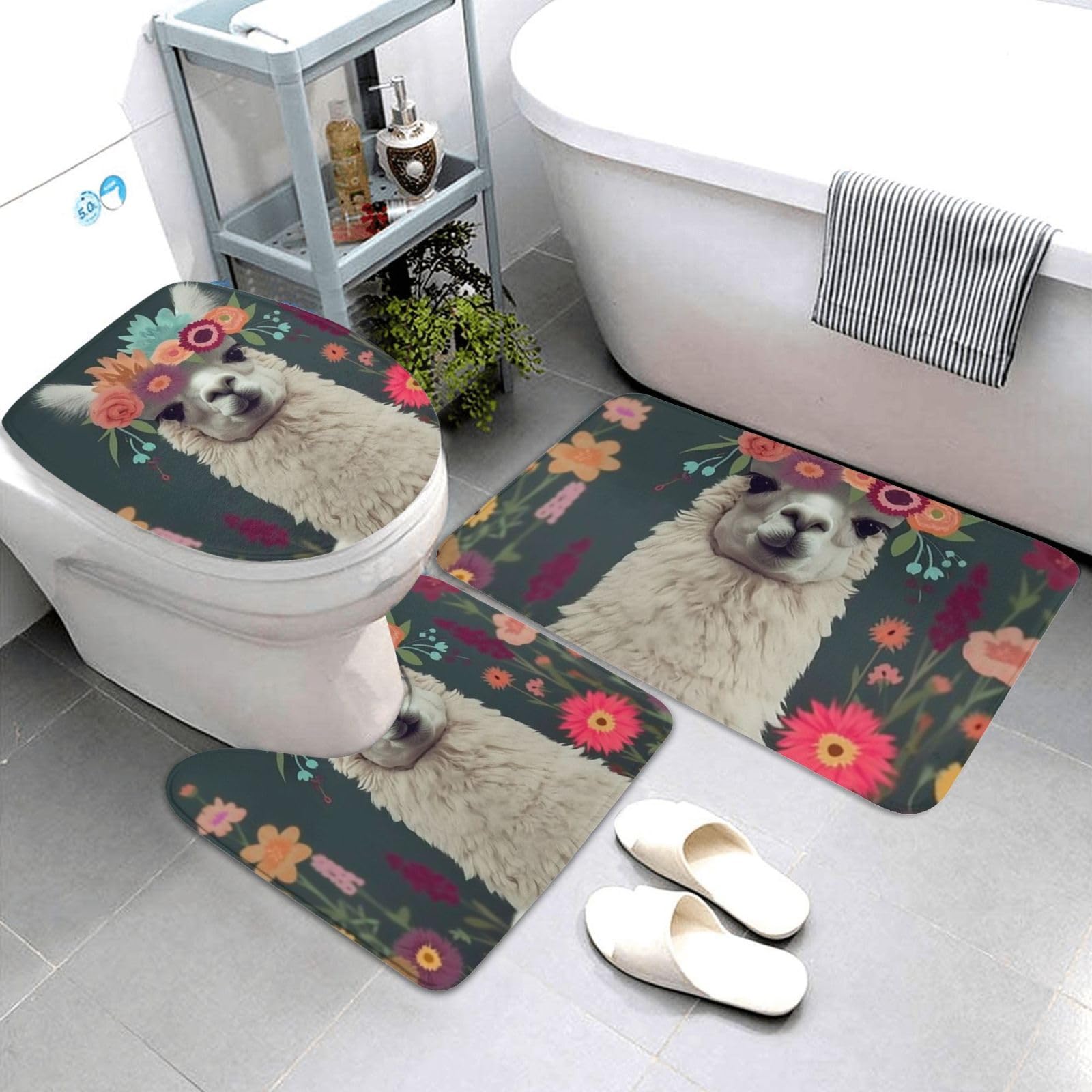 Dwrepo Flower Alpaca Print Bathroom Rug Set 3 Piece with Non-Slip U-Shaped Contour Mat and Toilet Lid Cover for Bathroom Decoration