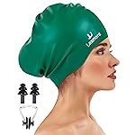Large Long Hair Swim Cap with Extra Room for Women Men, Silicone Swimming Cap for Long Thick Hair with Ear Plugs Nose Clip Set, Adult Waterproof Swim Hats Bathing Caps to Keep Hair Dry(Green)