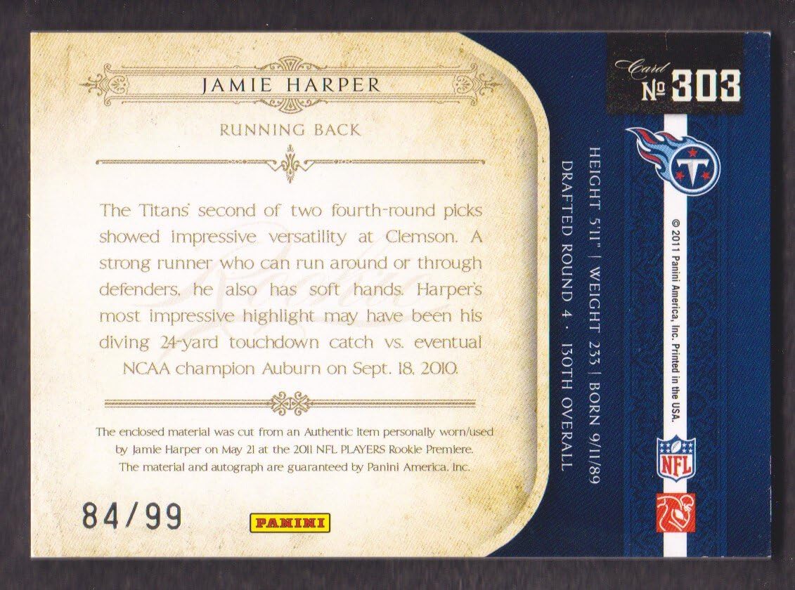 2011 Playoff National Treasures Football #303 Jamie Harper RC Auto Patch 84/99