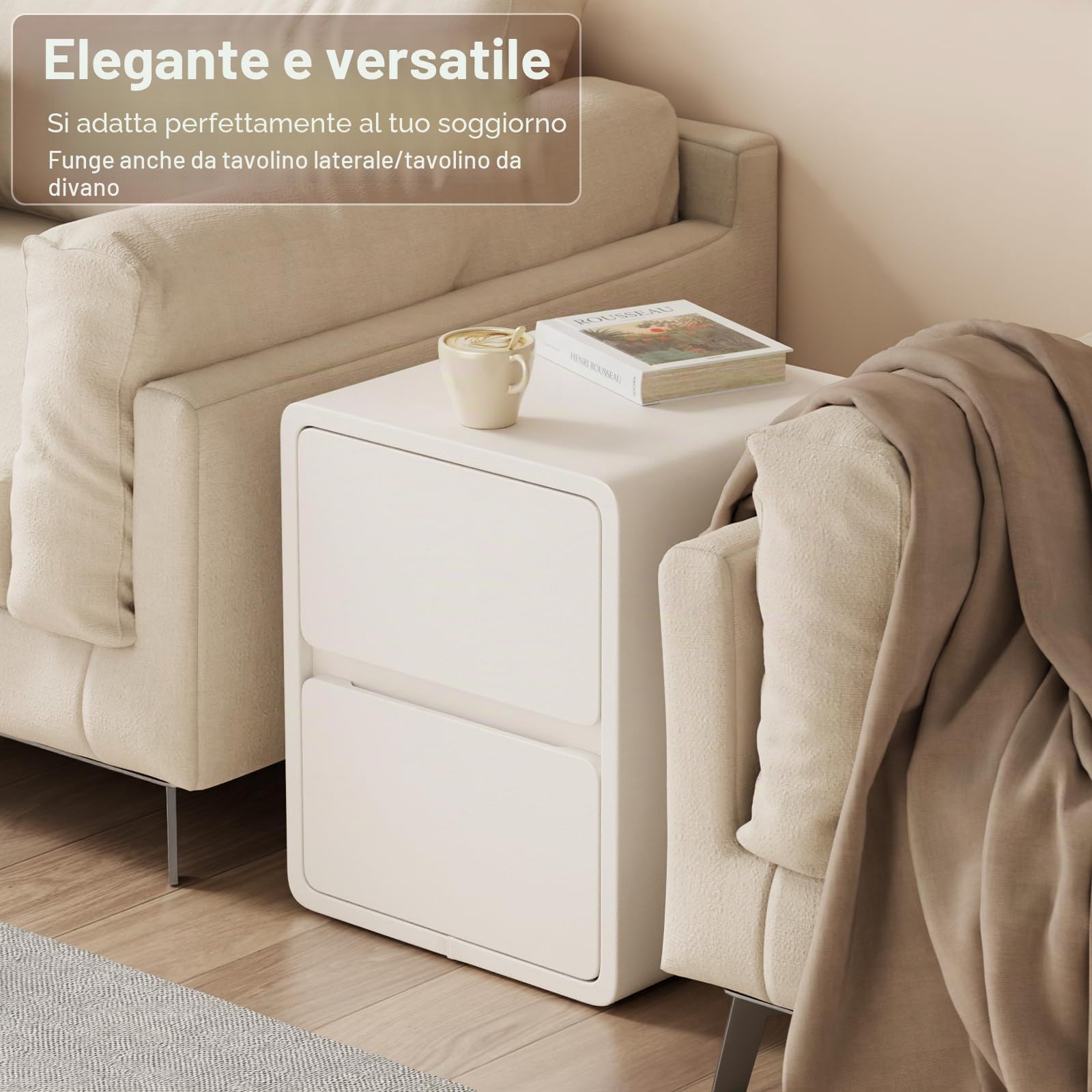 AQIMUELE Comodino Stretto, Tavolino con 2 cassetti, senza installazione, superficie in pelle, Comodino per camera da letto e soggiorno, larghezza 40 cm (Bianco)