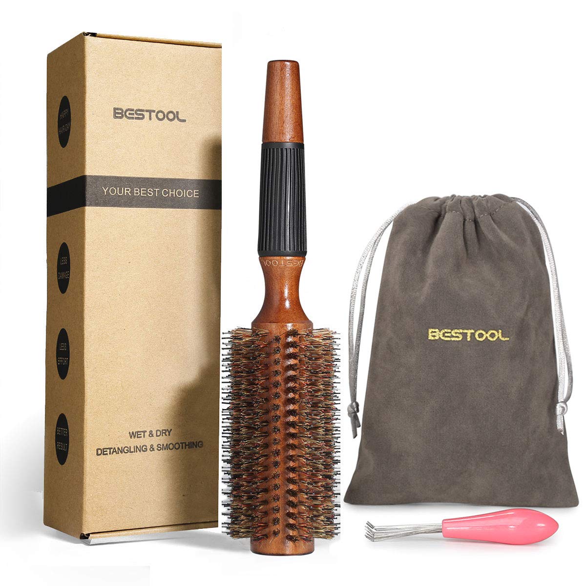 BESTOOL ロールブラシ ヘアブラシ ロール くし 木製 櫛 ヘアケア 高級 コーム レディース メンズ ブロー カール 巻き髪 耐熱 人気 艶髪 美髪ケア（M）
