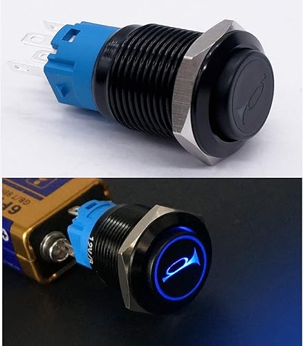 Miniatura 7 de Twidec16MM Raised Speaker Horn Momentary Push Button Switch 58" Mounting Hole 12V Blue Led Light Black Stainless Steel Shell 1NO 1NC SPDT with