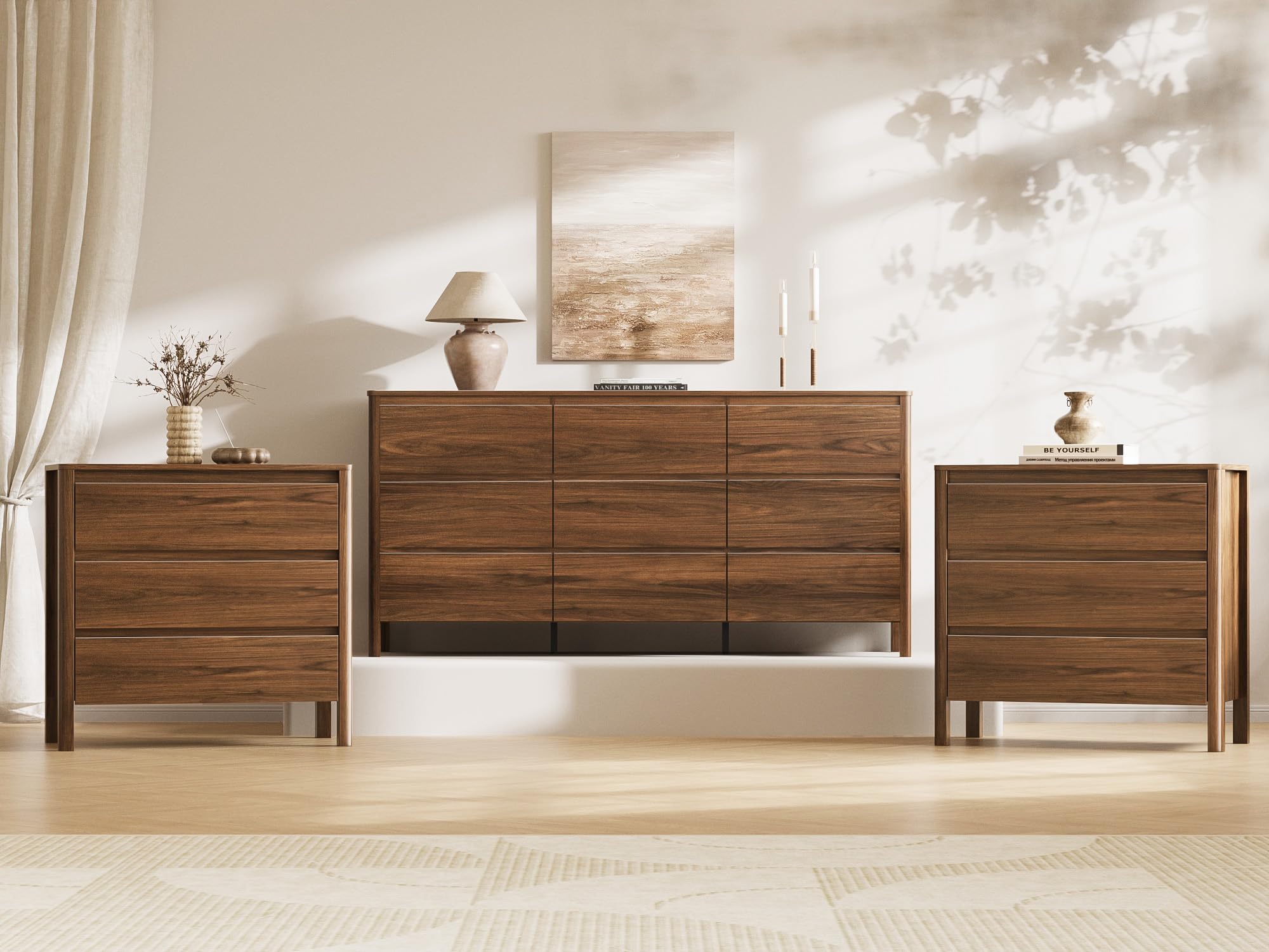 Walnut 3-Piece Bedroom Set, 9-Drawer Dresser &amp; 3-Drawer Nightstands