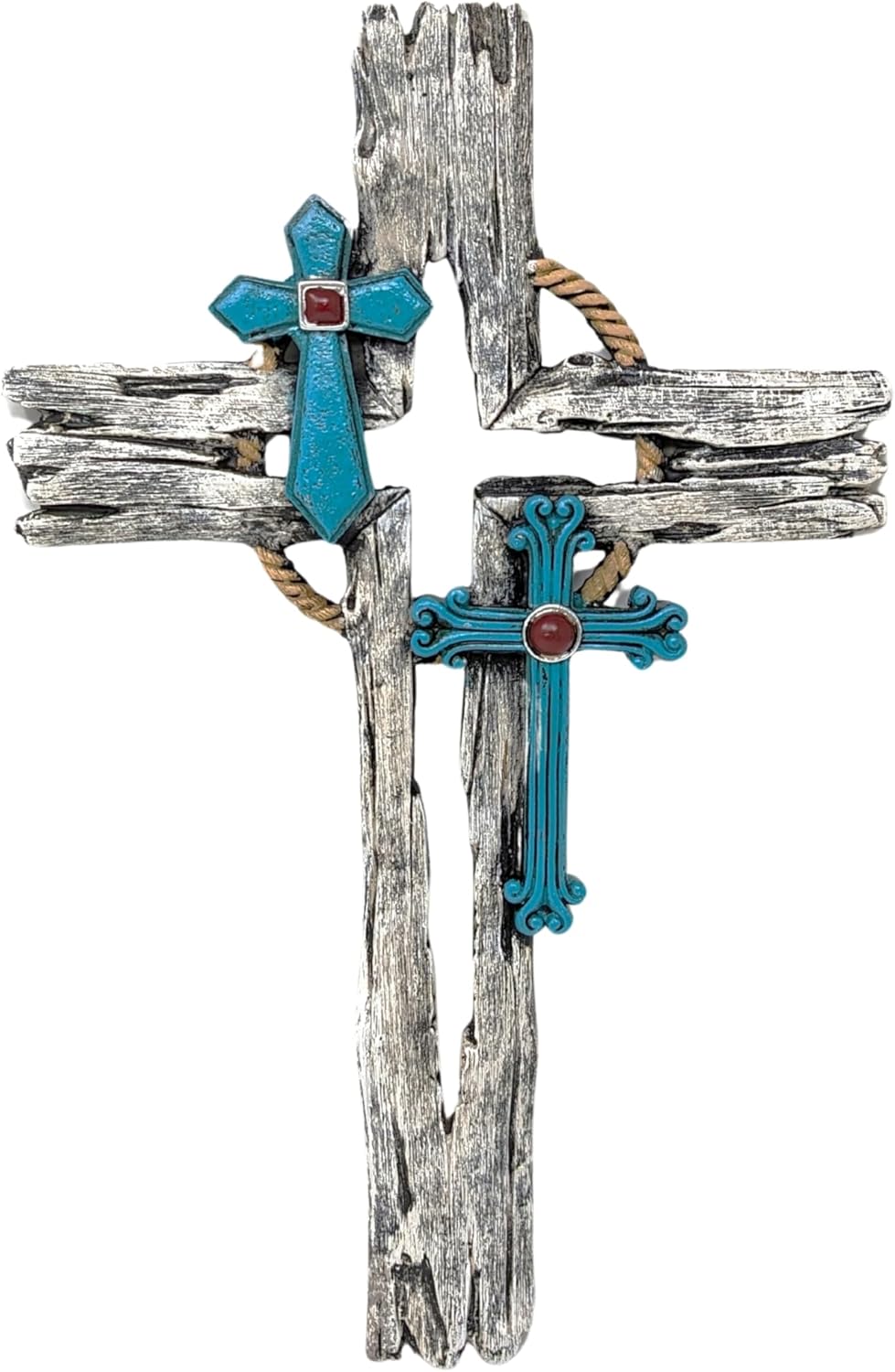 Layered Faux Driftwood Cutout Wall Cross - Resin Rustic Distressed Driftwood Look with Turquoise Crucifix for Southwestern Spiritual & Religious Wall Décor - Inspirational Wall Art for Home & Office