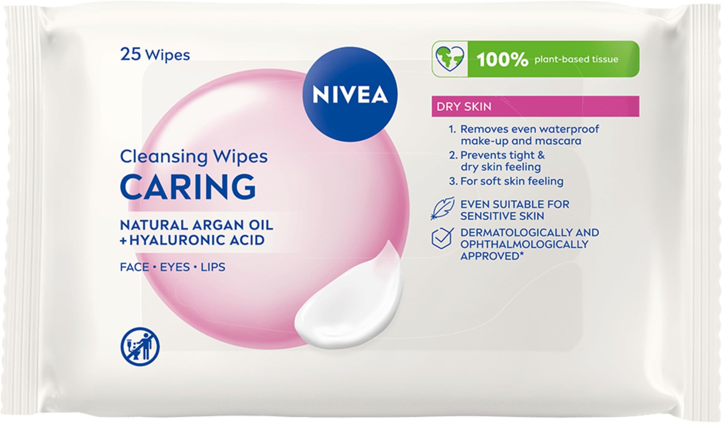 NIVEA Caring 3-in-1 Cleansing Face Wipes for Dry Skin (25 Sheets), Nourishing Face Cleanser and Makeup Wipes for Gentle Yet Effective Makeup Removal