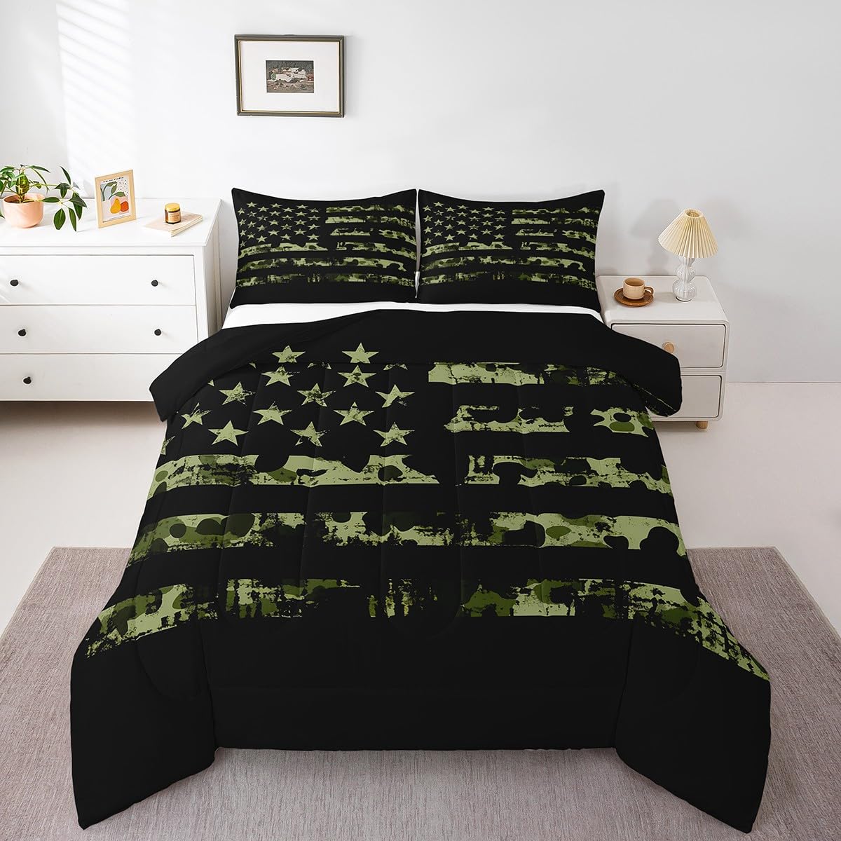 Erosebridal American Flag Bedding Set, Camouflage Comforter Set Full for Kids Boys Teens Adult, USA Federations Stars Duvet Sets Geometric Stripes