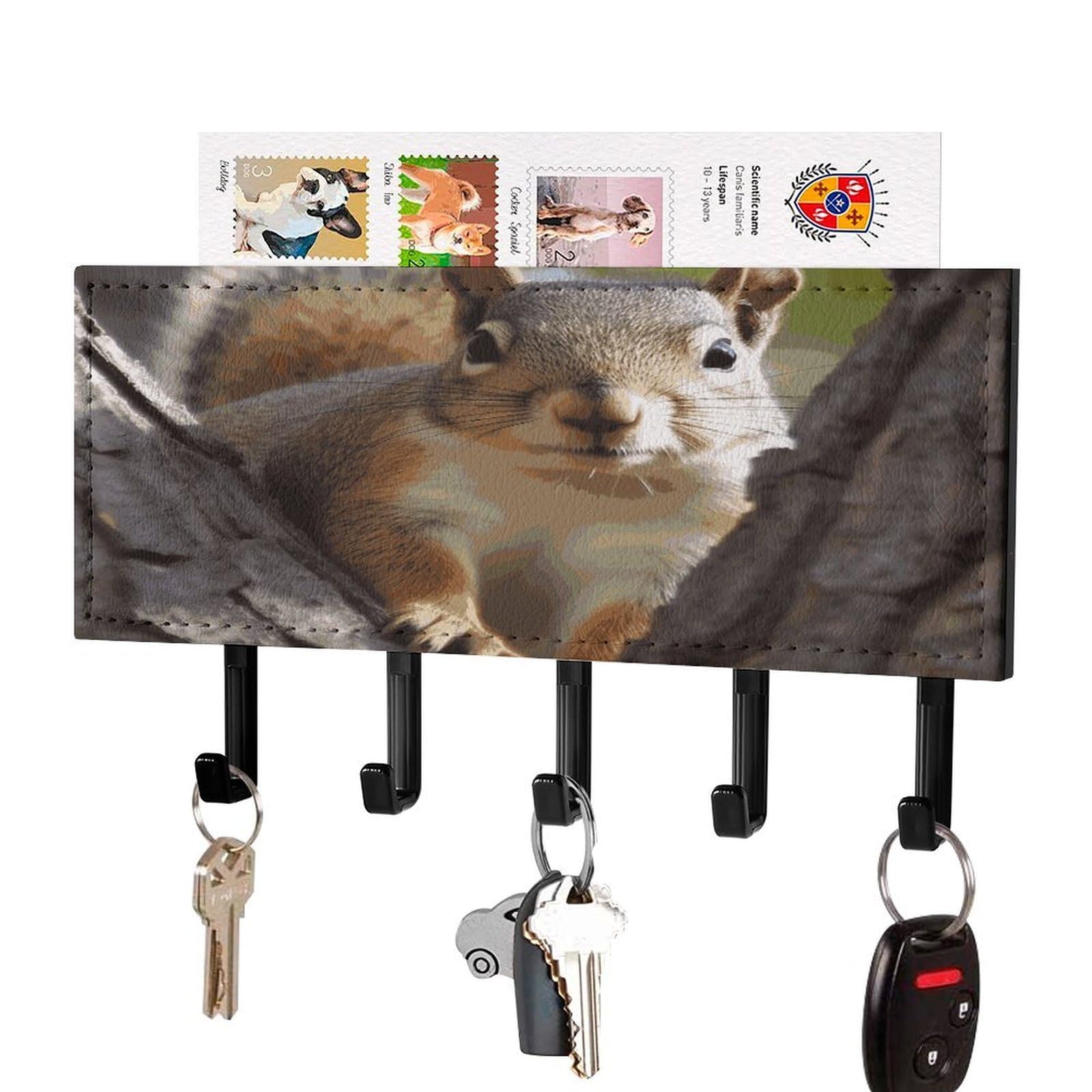 LDGSUPH Squirrel in The Tree Key Holder Wall Mount Key Hanger with 5 Hooks Fashion Key Organizer Rack Hanging Key Hooks with Mail Organizer Key Rack for Home Entryway Hallway Black-Style