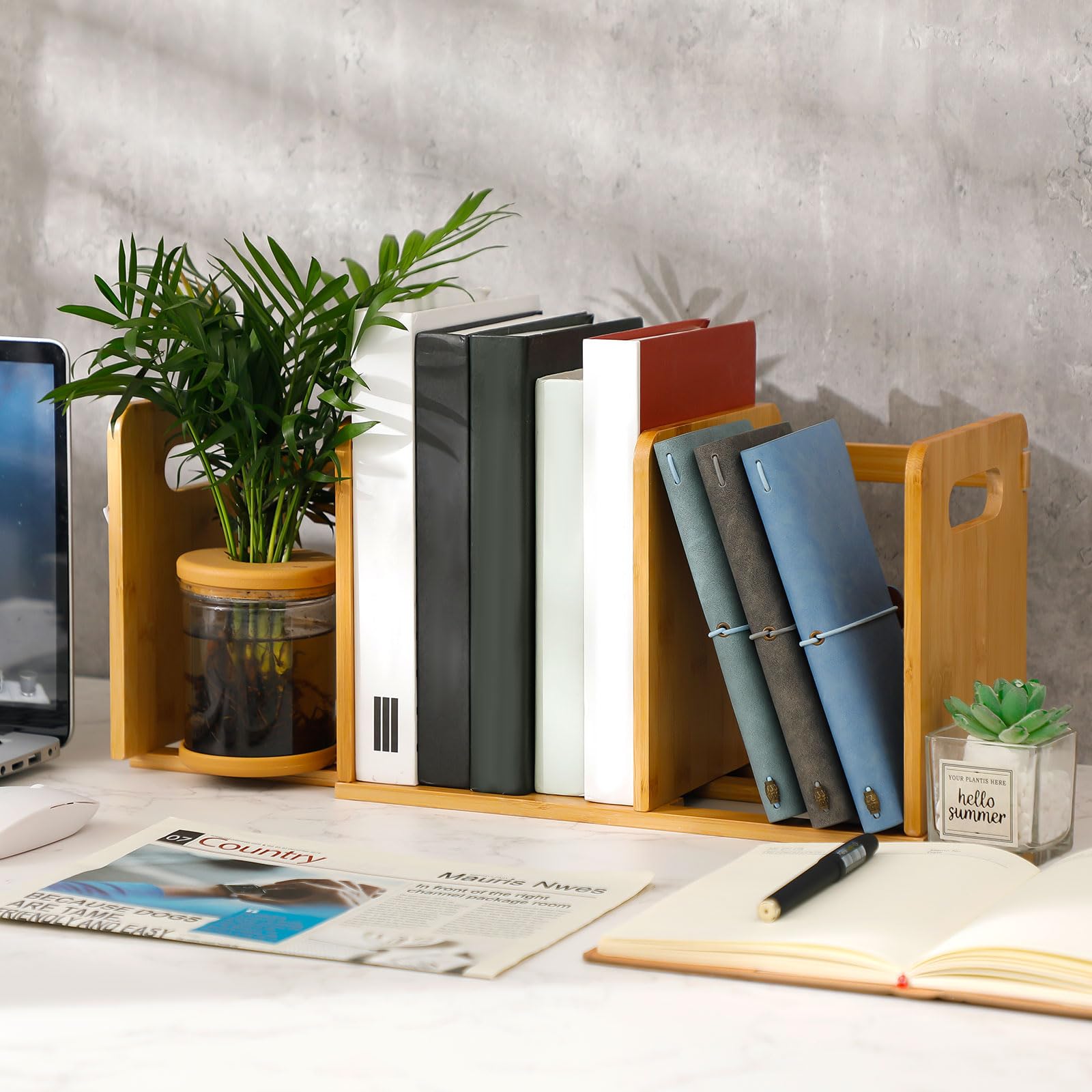 DoubleFill 2 Pcs Expandable Desktop Bookshelf Bamboo Wood Desktop Bookcase Adjustable Desk Book Organizer Portable Small Book Rack Display Shelf for Home Office School Classroom Tabletop Supplies