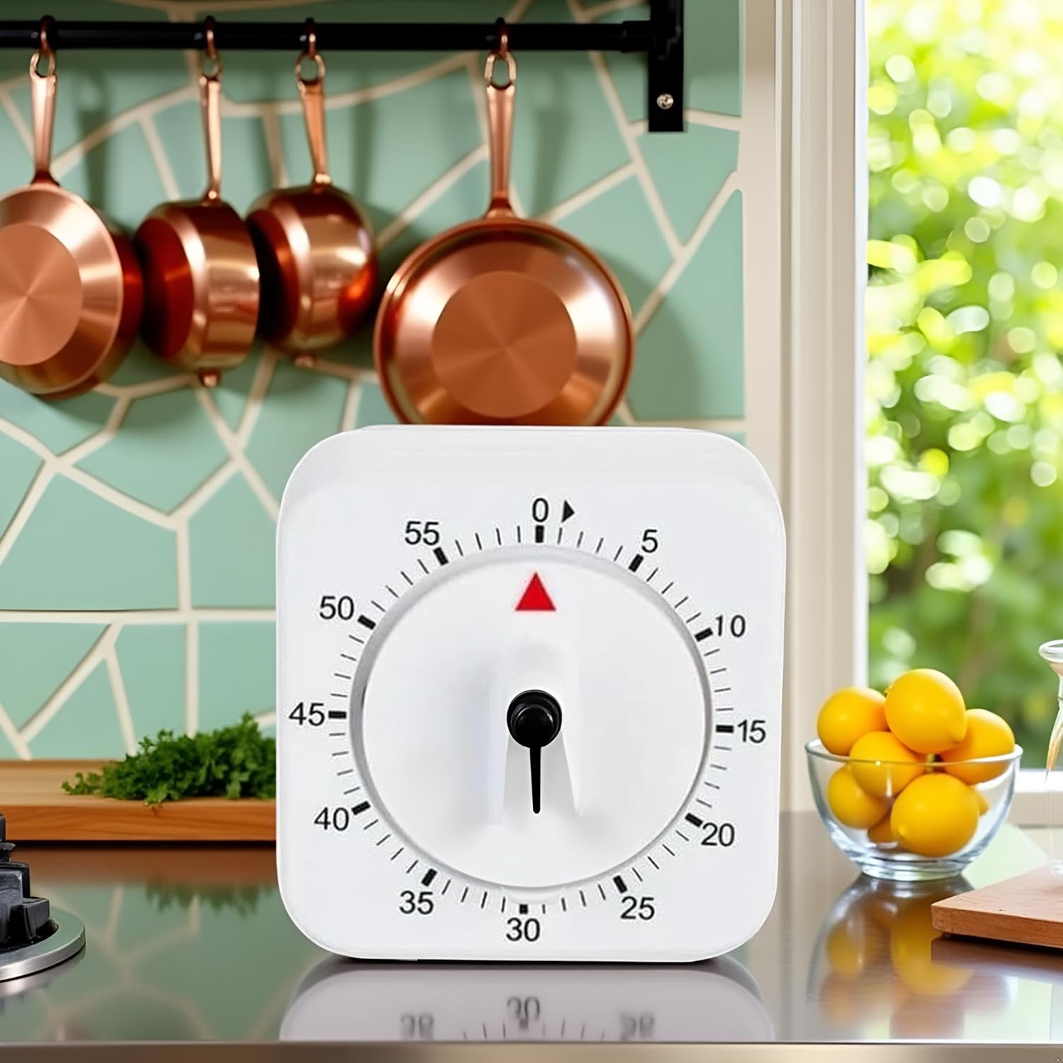 White Timer Clock Square 60-Minute Mechanical Kitchen Timer Wind up Visual Cooking Clock with Loud Alarm No Batteries Required Ideal for Kitchen Cooking Baking Timers