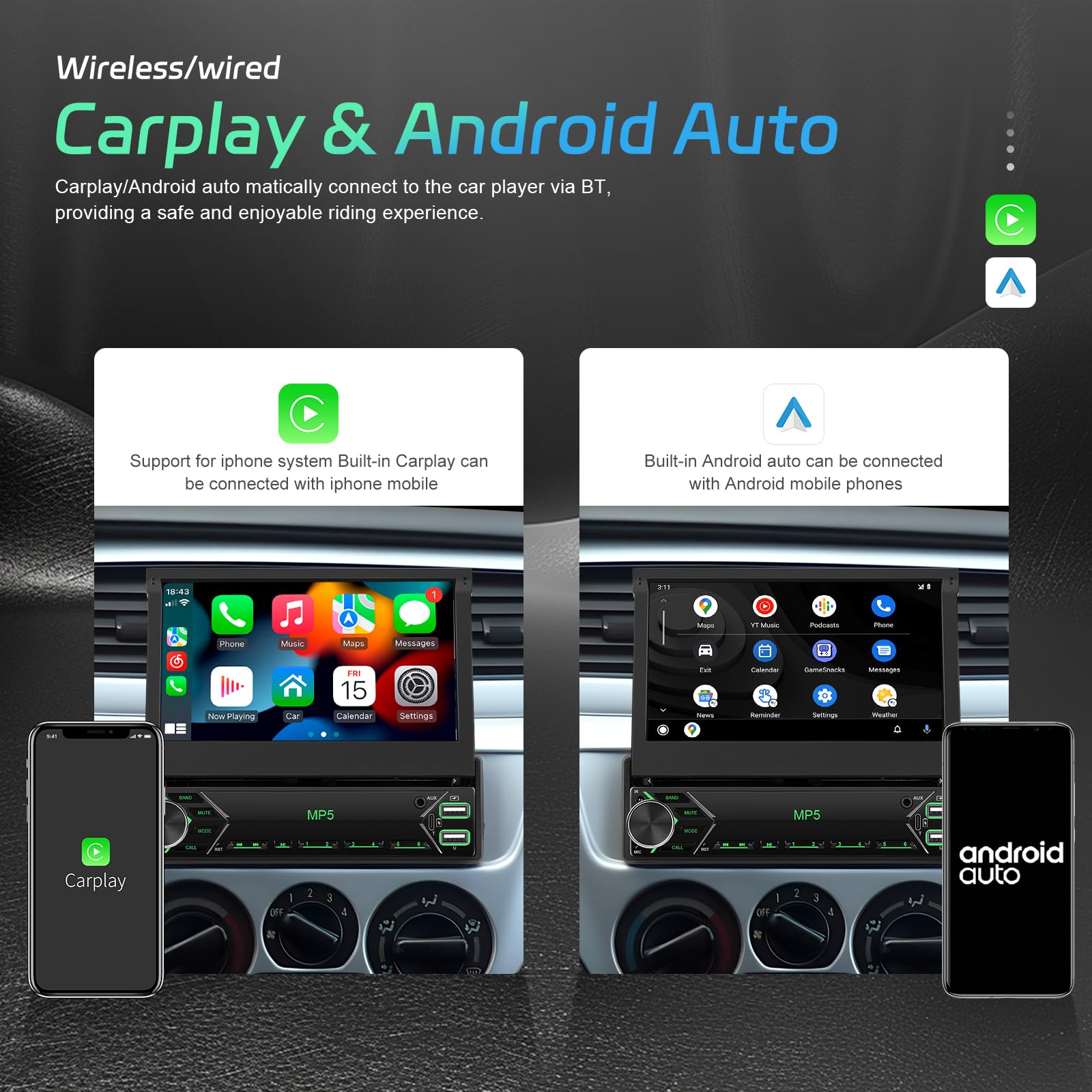 FM RDS 1 Din Autoradio Wireless Carplay Android Auto, Retractable Écran Tactile 7 Pouces Poste Radio Voiture Bluetooth, EQ, Mirror Link, Caméra de Recul, MIC, AUX, USB