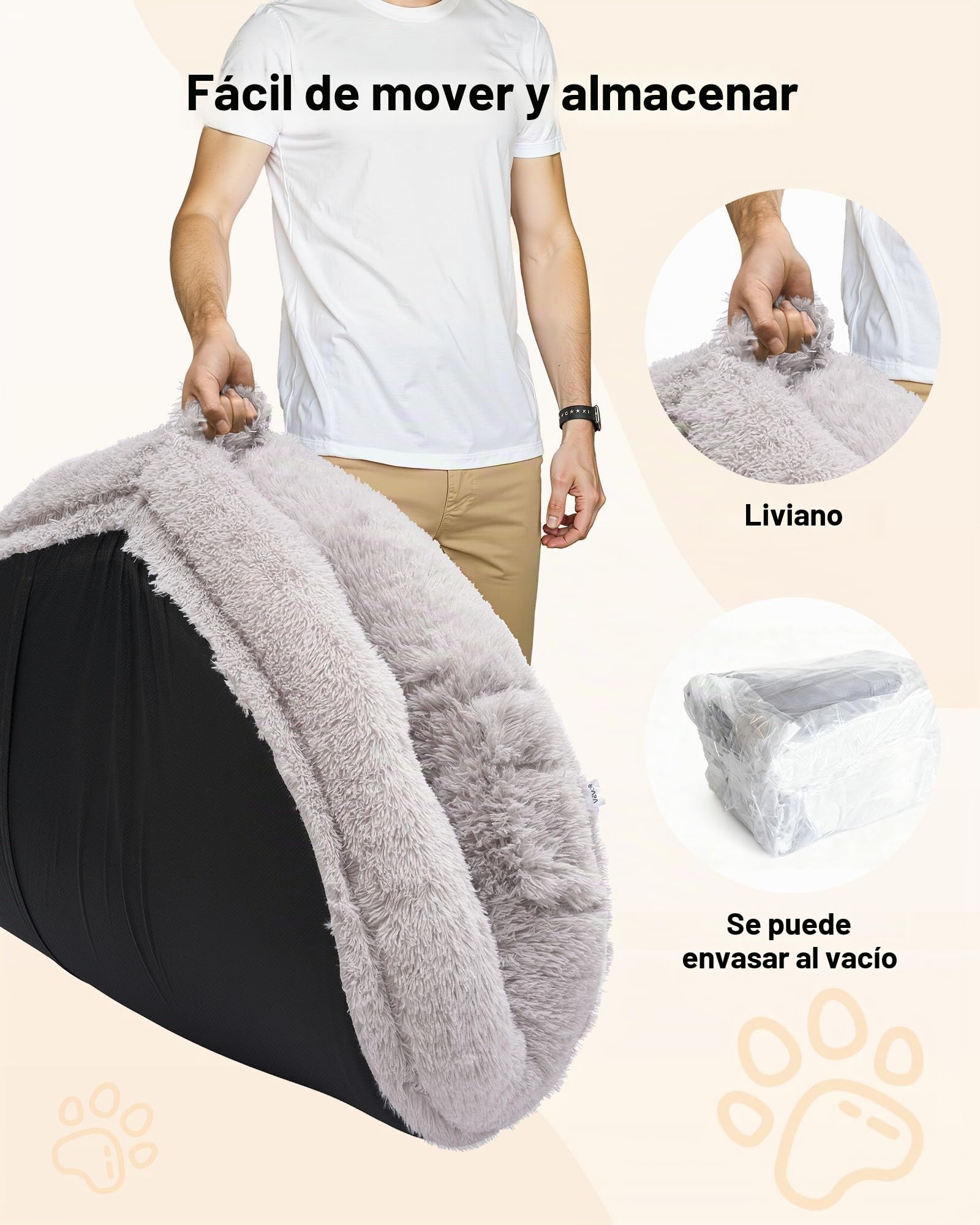 VEVOR Cama para Perros, Forma Ovalada, de Espuma Viscoelástica, Tamaño Humano, con Bolsillo Lateral, Asa y Cremallera, Funda Extraíble y Lavable a Máquina, Color Gris Claro, 1710 x 1000 x 240 mm