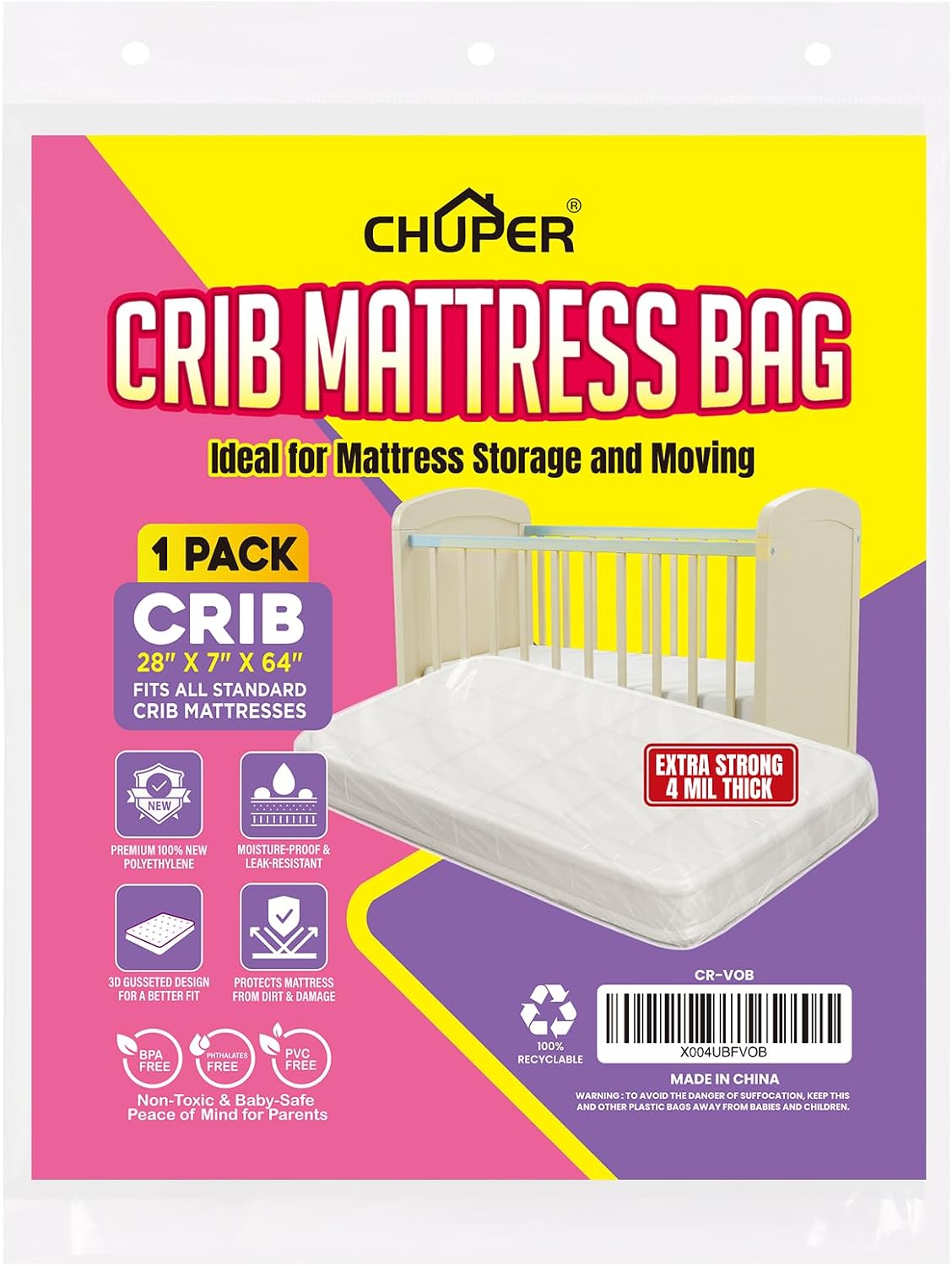 Crib Mattress Storage Bag,Heavy Duty Crib Mattress Moving Bag,Fits 28" x 64" x 7" Standard Crib Mattress,Tear-Resistant Cover