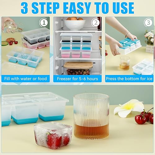 Miniatura 3 de Bandejas para cubitos de hielo, 2 unidades, moldes grandes de silicona para cubitos de hielo con tapa a prueba de fugas, marco de TPE transparente y