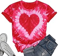 FASHGL Women's Valentine Tie Dye Heart T-Shirt - Short Sleeve Casual Lover Tee with Pink Love Print