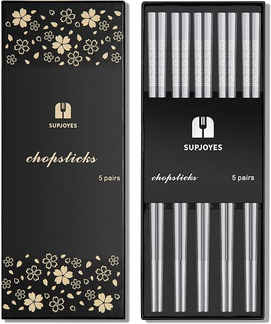 SUPJOYES 5-Pairs Stainless Steel Chopsticks, Metal Reusable Chopsticks Korean, Dishwasher Safe 18/8 Stainless Steel Chop Sticks, Non Slip Design
