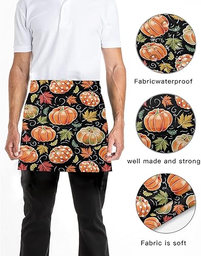 Miniatura 5 de Delantales de servidor de Halloween con 3 bolsillos, delantal de cintura color naranja, calabaza, blanco, fantasma, negro, impermeable, medio