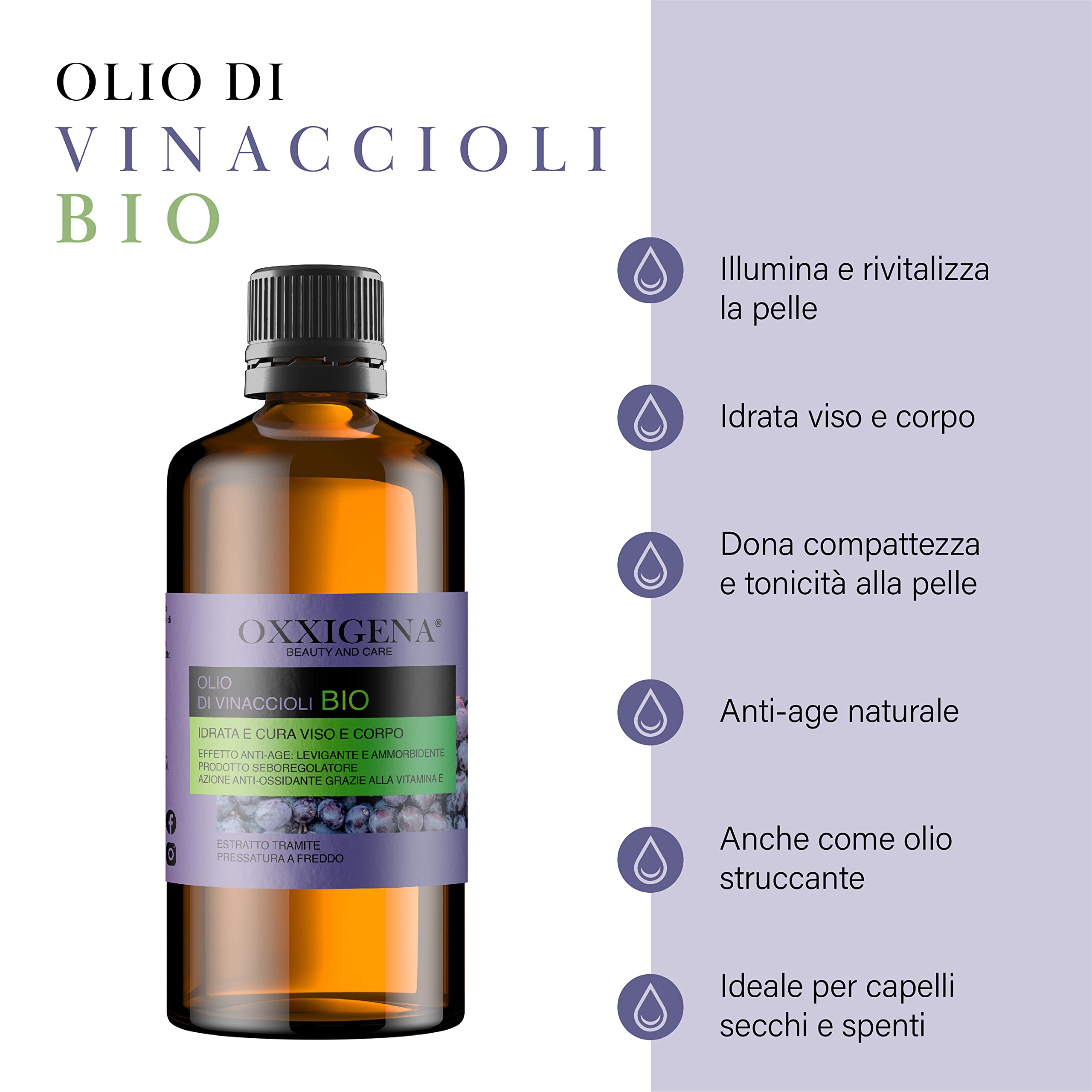 Oxxigena - Huile de Pépins de Raisin BIO Pure à 100%, Paquet de 1000 ml, Huile à Action Antioxydante, Idéale sur la Peau pour un Effet Raffermissant, Tonifiant et Anti-âge