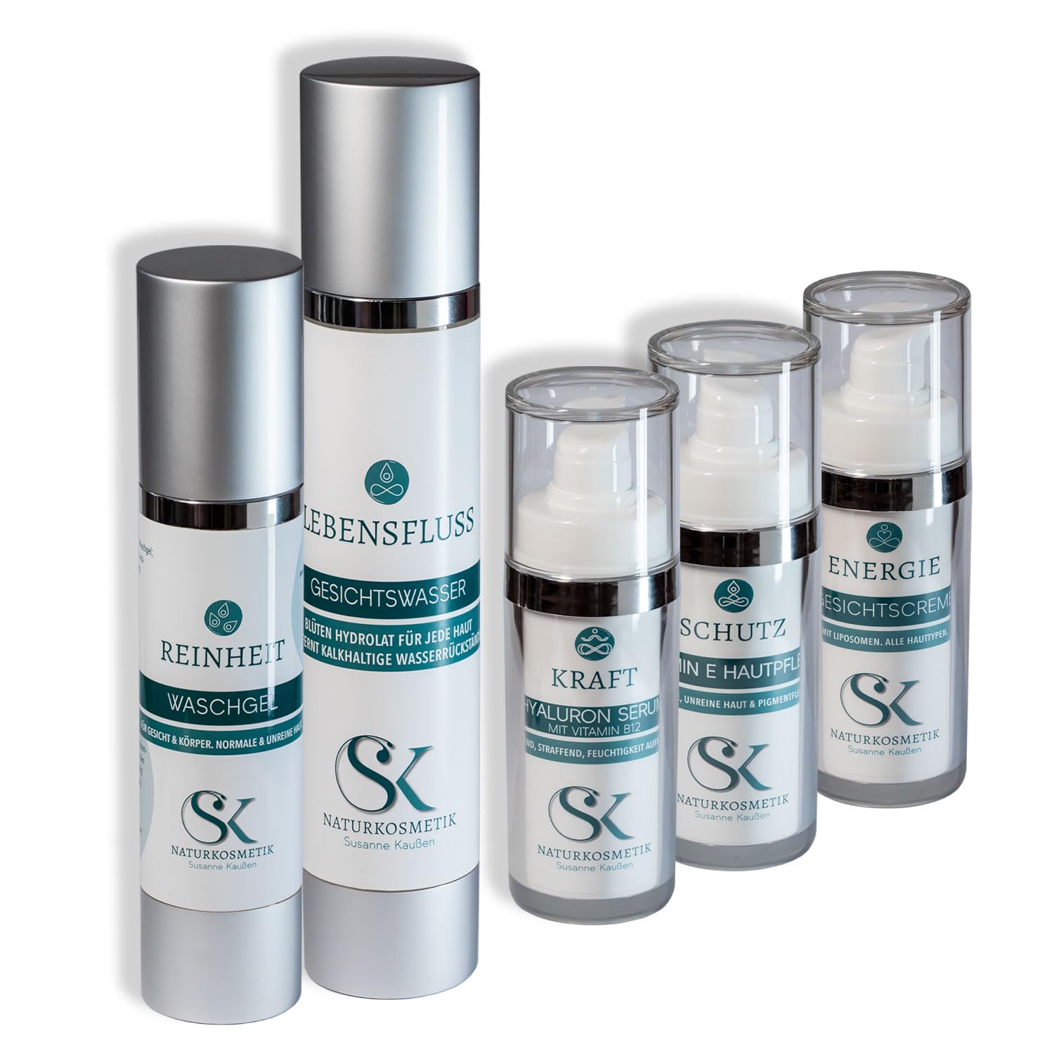 SK Naturkosmetik Produkt-Bundle für jede Haut – 5-teiliges Hautpflege-Set mit Waschgel, Gesichtswasser, Hyaluron Serum, Vitamin E Konzentrat & Q10 Gesichtscreme | Naturkosmetik mit Vollmondquellwasser