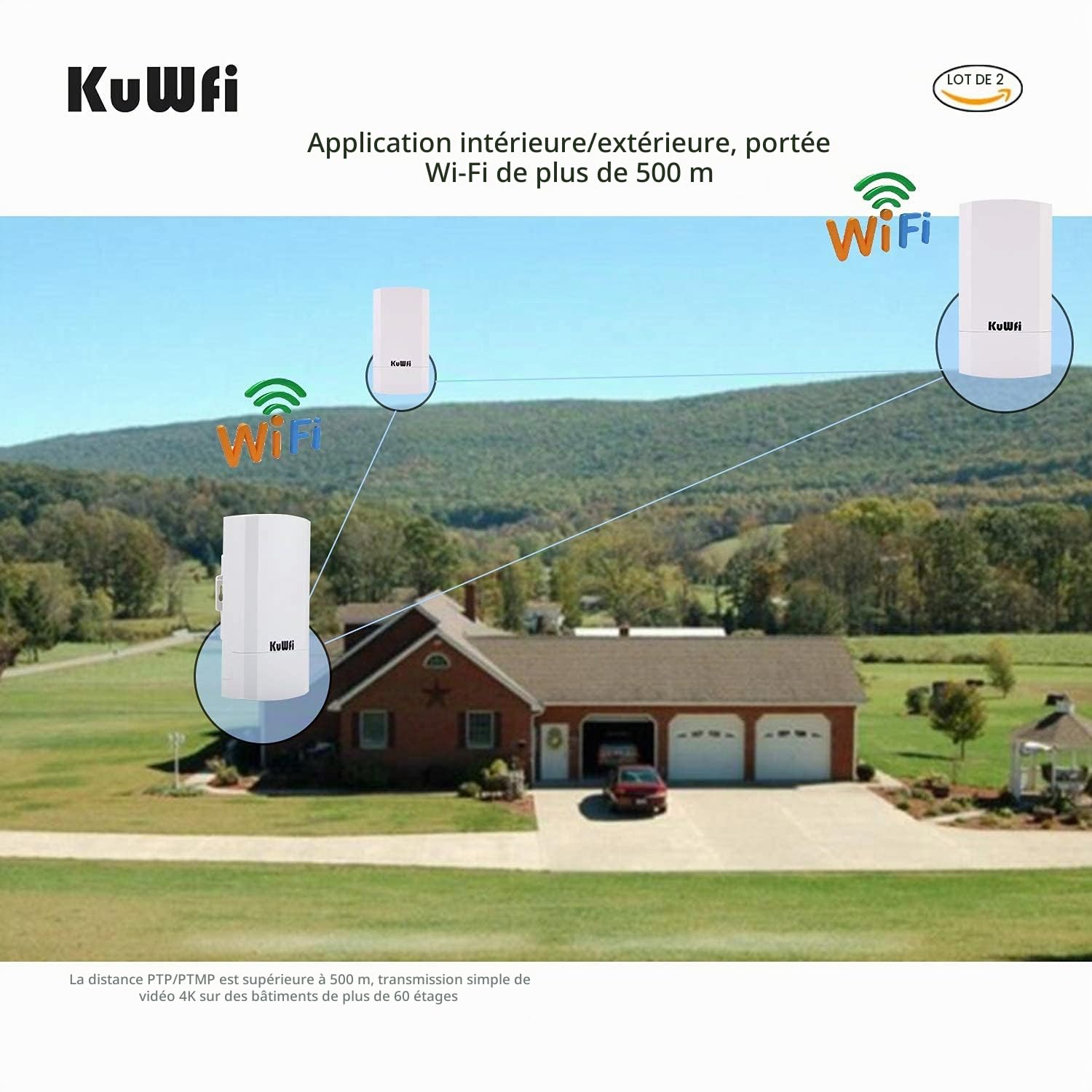 300Mbps Point d'accès extérieur Wi-FI Pont WiFi Ethernet, KuWFi Pont/CPE sans Fil intérieur et extérieur prenant en Charge Une Solution de Distance de Transmission de 1km pour PTP, Application PTMP