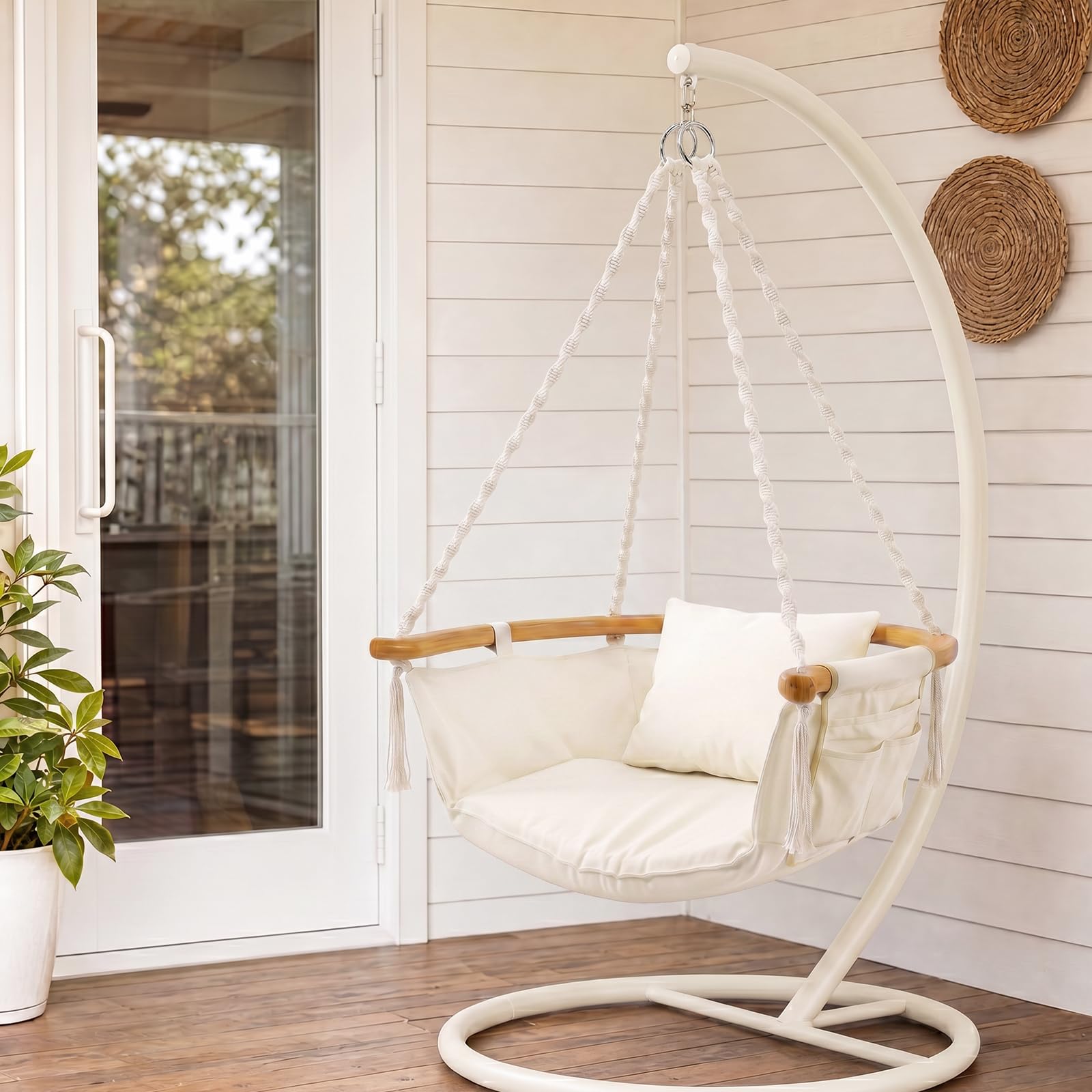 Sekey Hängesessel mit Flexibler Seitentasche & Kissen - Boho Hängestuhl bis 120 kg - Gebogener Bambusstab & Spiralseile - Hängeschaukel für Balkon, Garten & Indoor, Beige