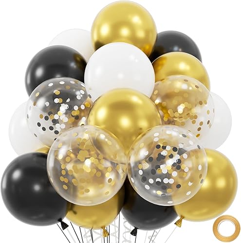 50 unidades de globos negros, dorados y blancos con globos de confeti de oro metálico y negro de 12 pulgadas para la graduación de la clase, Negro y