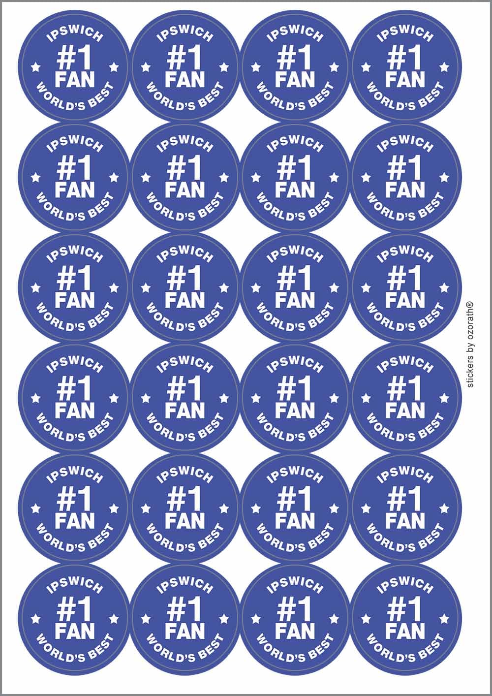 Ozorath Multicolor Ipswich #1 Fan Circular Matt Paper Stickers A4 Sheet Of 24 (Each Sticker Is 45Mm Diameter)