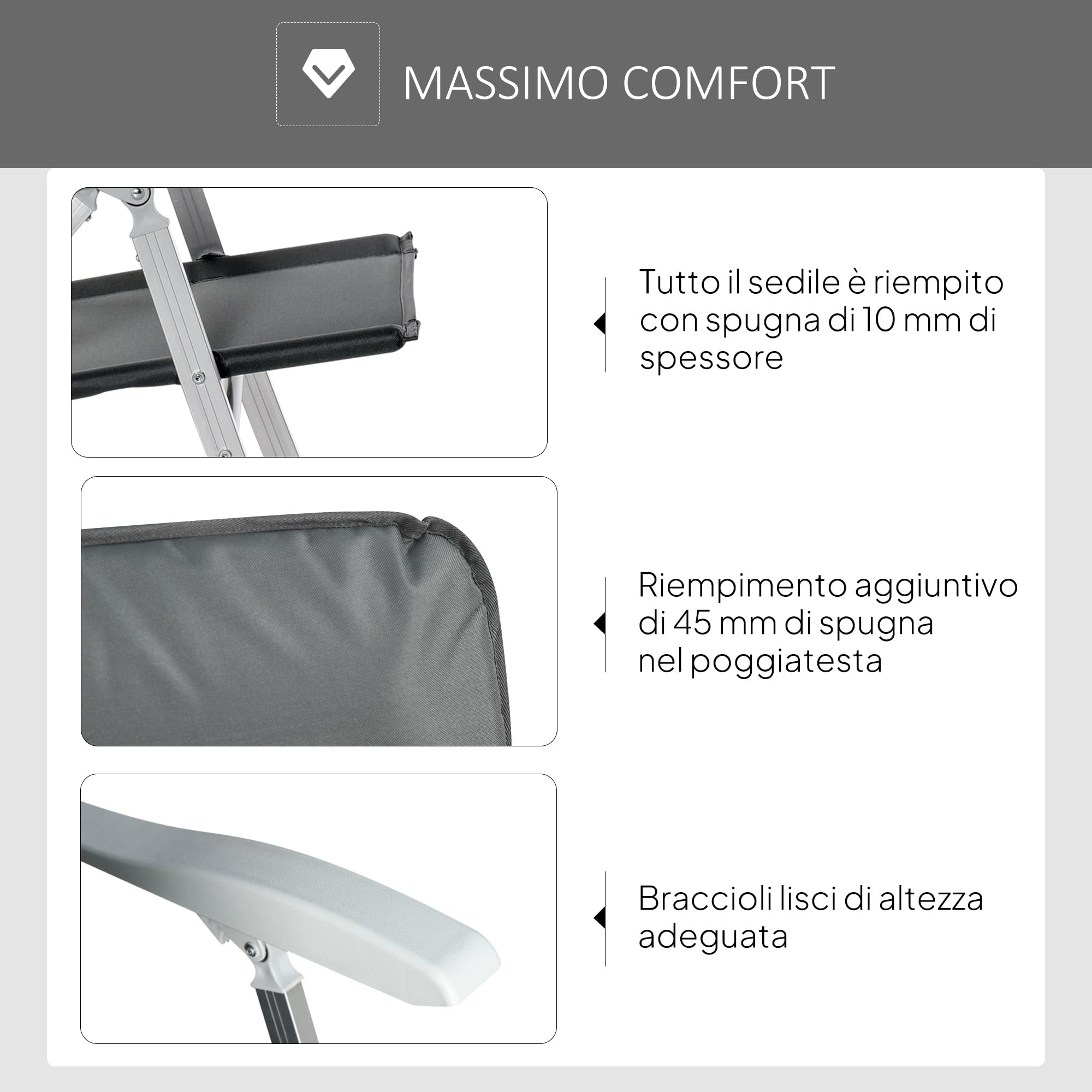 Outsunny Sedia da Pesca Pieghevole con Schienale Alto Regolabile e Braccioli, Sedia da Esterno in Tessuto Oxford e Alluminio Idrorepellente, 75x61.5x76-115 cm, Grigio