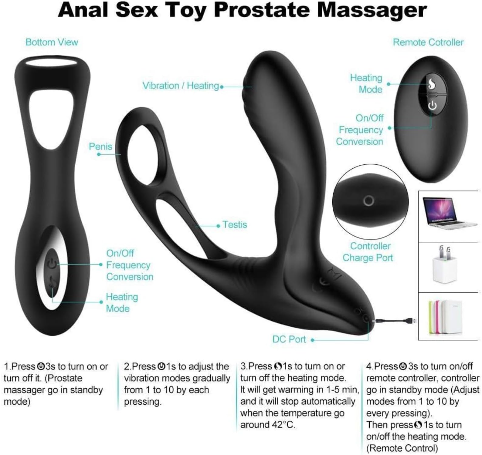 Masseur en silicone, 10 modes de vibration, masseur prostatique, masseur du point G, noir