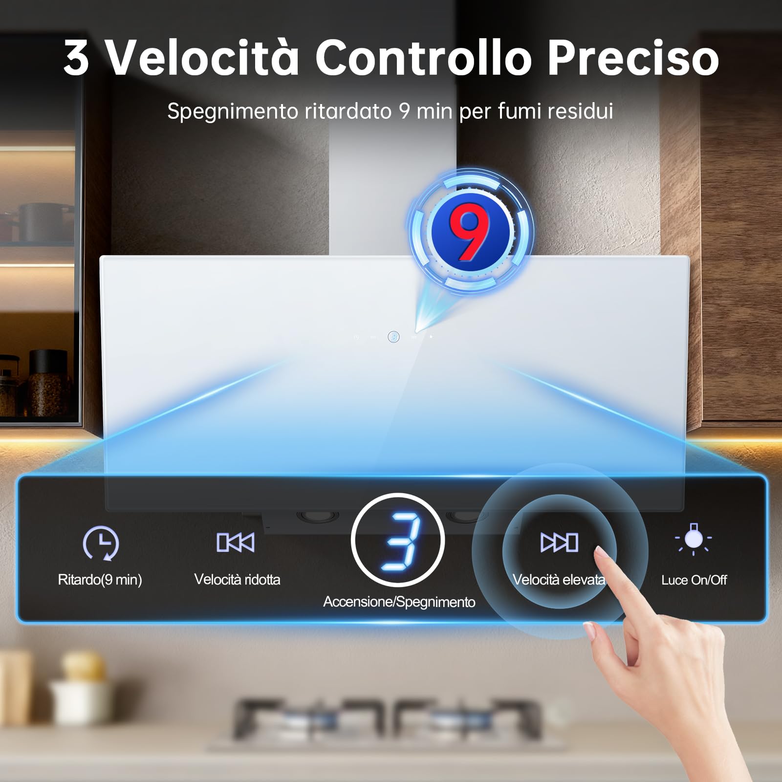 Cappa Aspirante 90cm Bianco 700 m³/h 3 Livelli Pannello Touch LED Efficienza A++