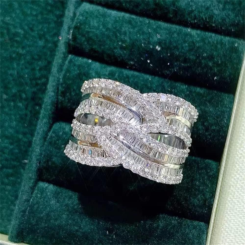 925 Sterling Silver Shiny Full Diamond Ring 18K Gold Cocktail Rings Criss Cross Cubic Zirconia Promise Rings CZ Diamond Multi Row Ring Eternity Engagement Wedding Band Ring for Women Z.32 (US Code 9)