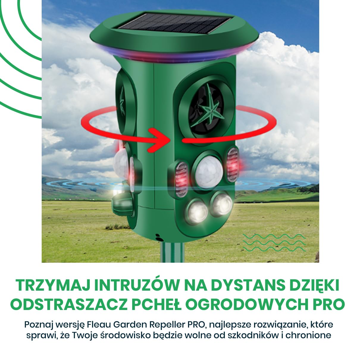 Odstraszacz kotów Fleau Garden PRO - Odstraszacz zwierząt - Ultradźwiękowy - Energia słoneczna - kun - gołębi - szkodników - Wodoodporny (Zielony — ochrona 360°)