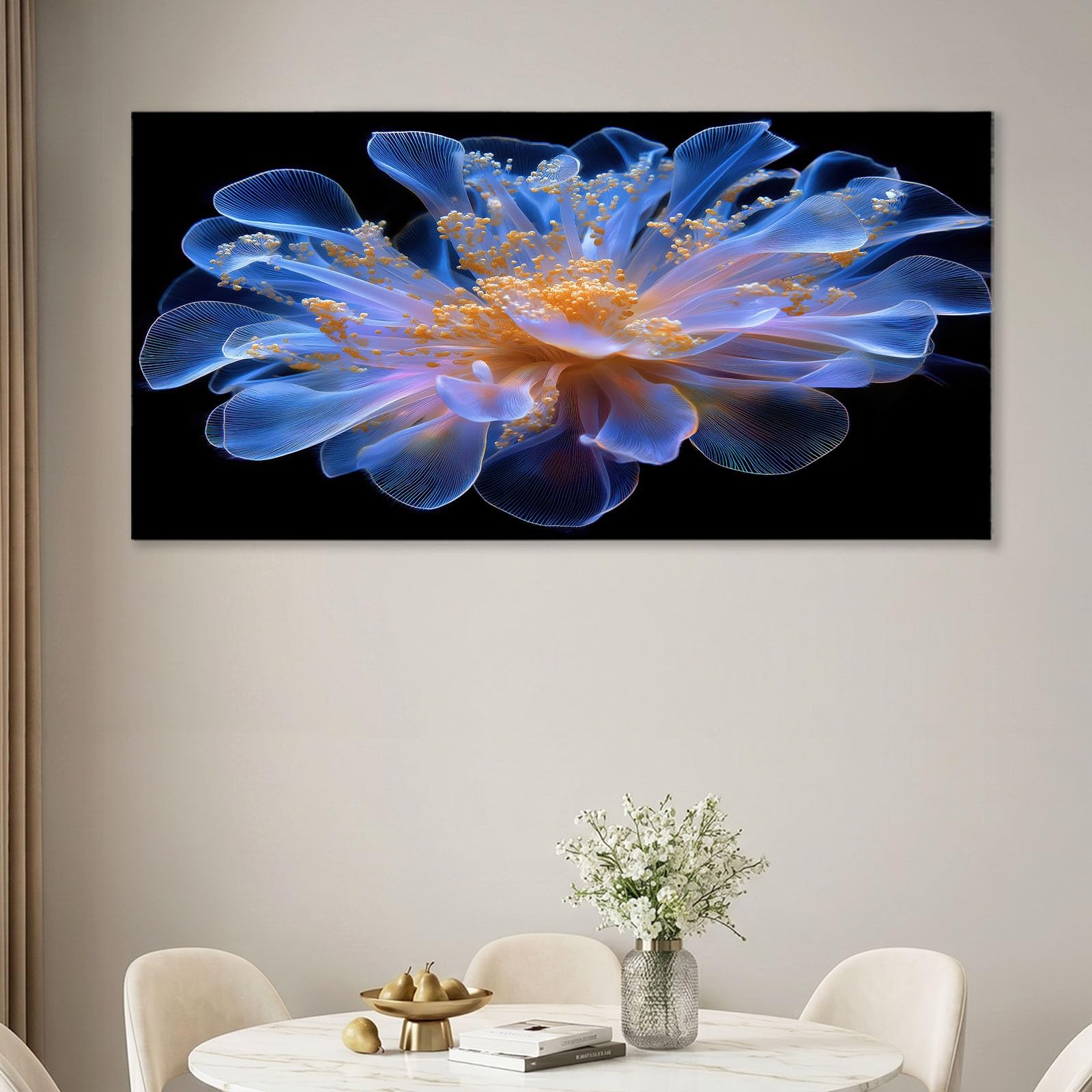 Obraz ścienny bajeczny obraz na płótnie - płótno ścienne 140 x 70 cm druk na płótnie z kwiatem zawilcem, oprawiona sztuka ścienna do salonu i sypialni, dekoracja ścienna, czarny