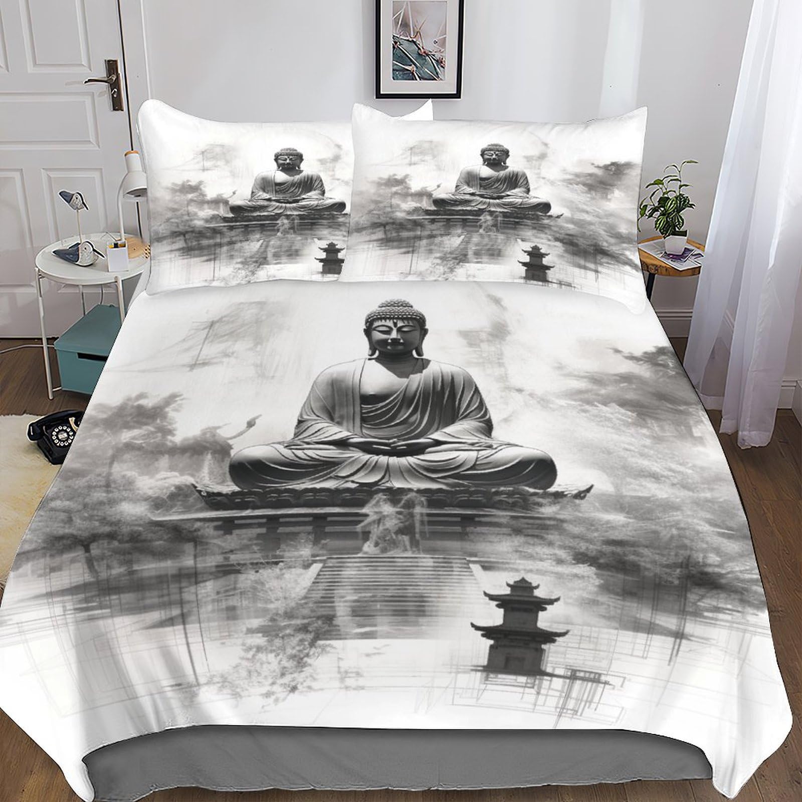 Literie Bouddha 3 pièces comprenant housse de couette 220x240 et taies d'oreiller