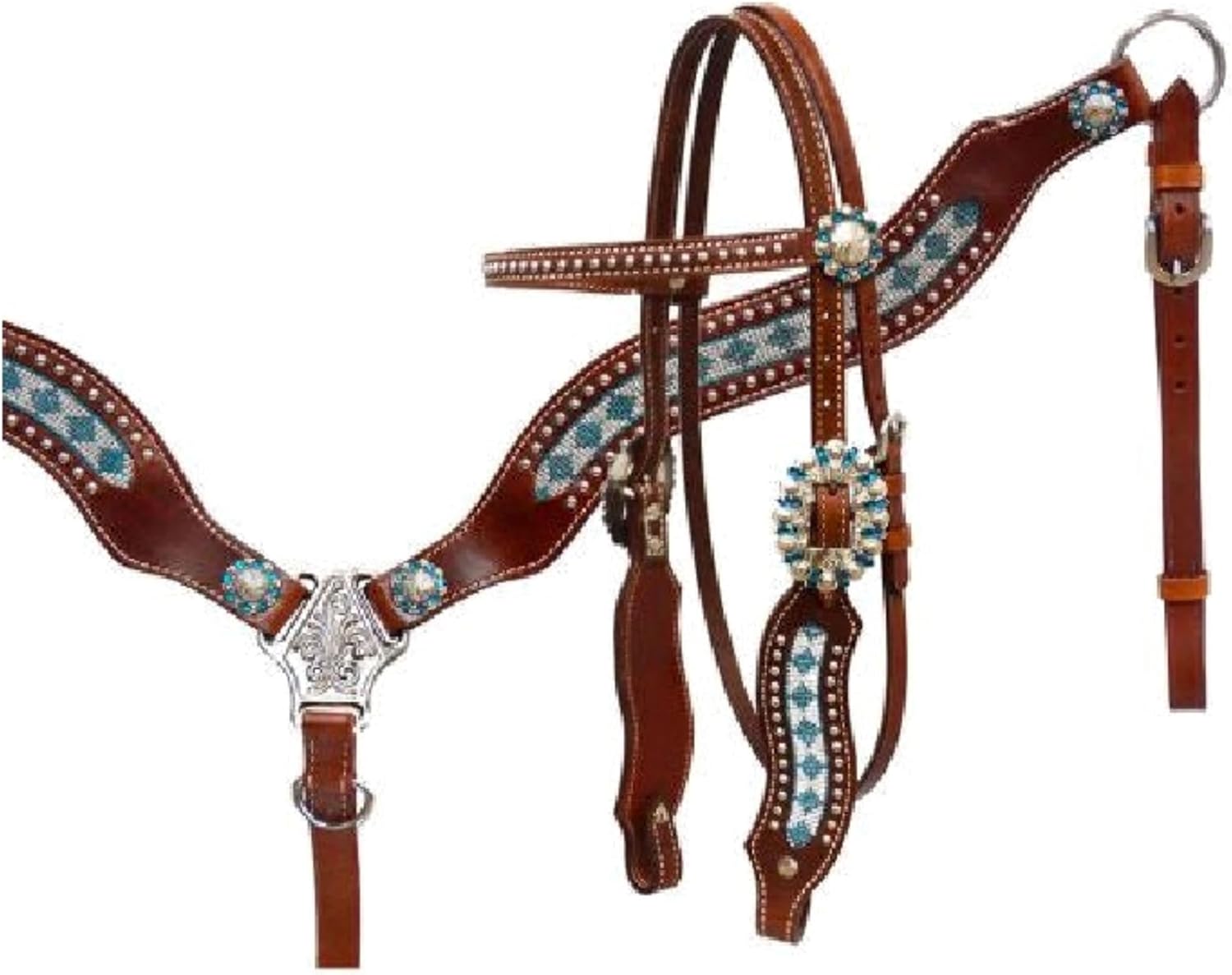 Western Leather Unisex Adult Western-Equestrian-Style Leather Headstall & Breast Collar Set Horse Draft Horse Headstall with Reins Equipmentss Handmade (Cob)