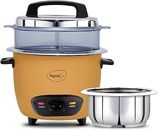 Pigeon Inox Pro Rice Cooker with Steamer, 1 litres | Stainless Steel Lid | 400 Watts | 1 Steel Cooking Pot | Measuring Cup | Spatula | Energy Efficient Cooking (Yellow)