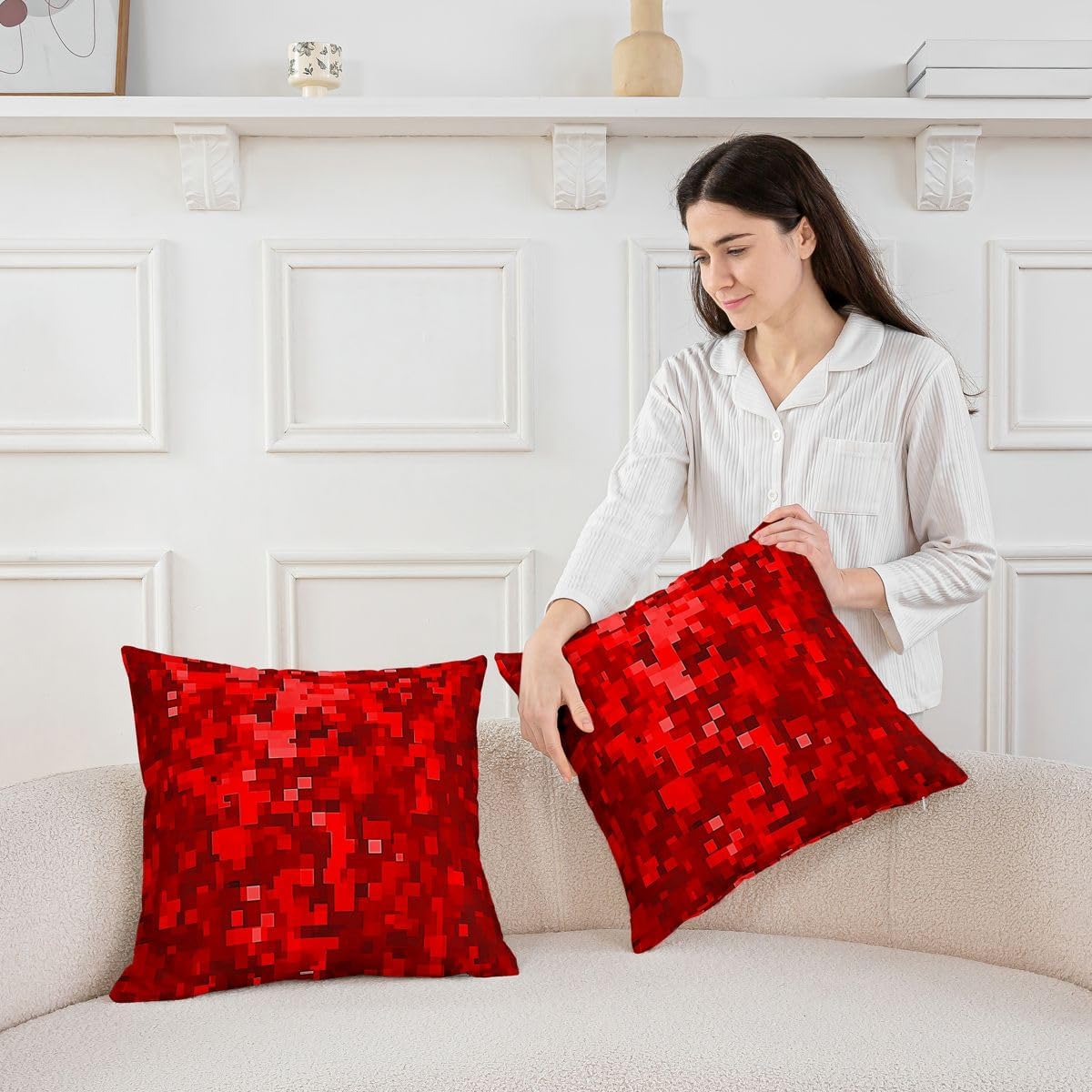 Manfei Red Grid Throw Pillow Cover Geometric Pixelated Checkered Double Sides Pillow Case for Kids Boys Girls Room Decor,Gaming Theme Camo Cushion Cover for Bed Couch Sofa,2 Pack 24"x24" image 2