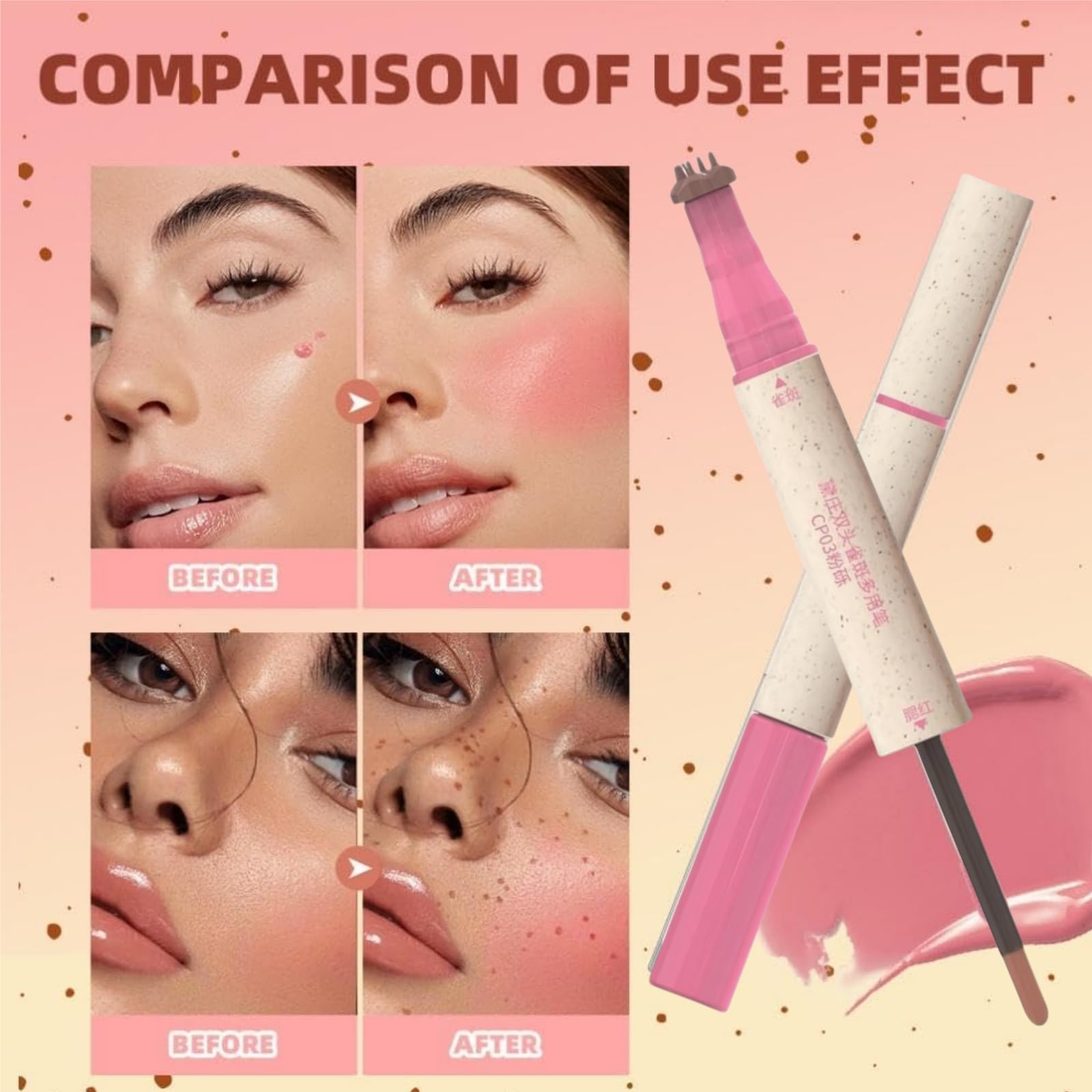 2-In-1 Freckle Blush Pen,Freckle Stamp,Blush Liquid,Frec-Kle Pen,Liquid Bl-Ush For Cheeks,Light Brown&Soft Pink,Waterproof,Quick-Dry,Durable&Long-Lating,Natural Lifelike(With Little Powder Puff) - Image 2