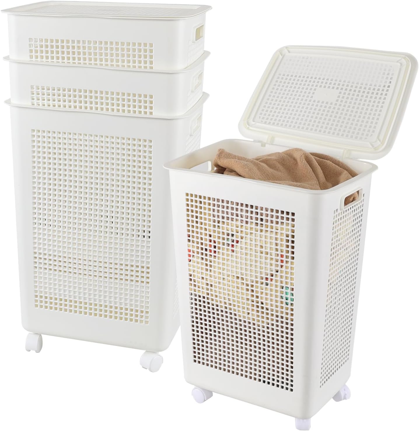 65 L Large Plastic Laundry Hamper with Handle, 4 Pack Rolling Laundry Baskets, White