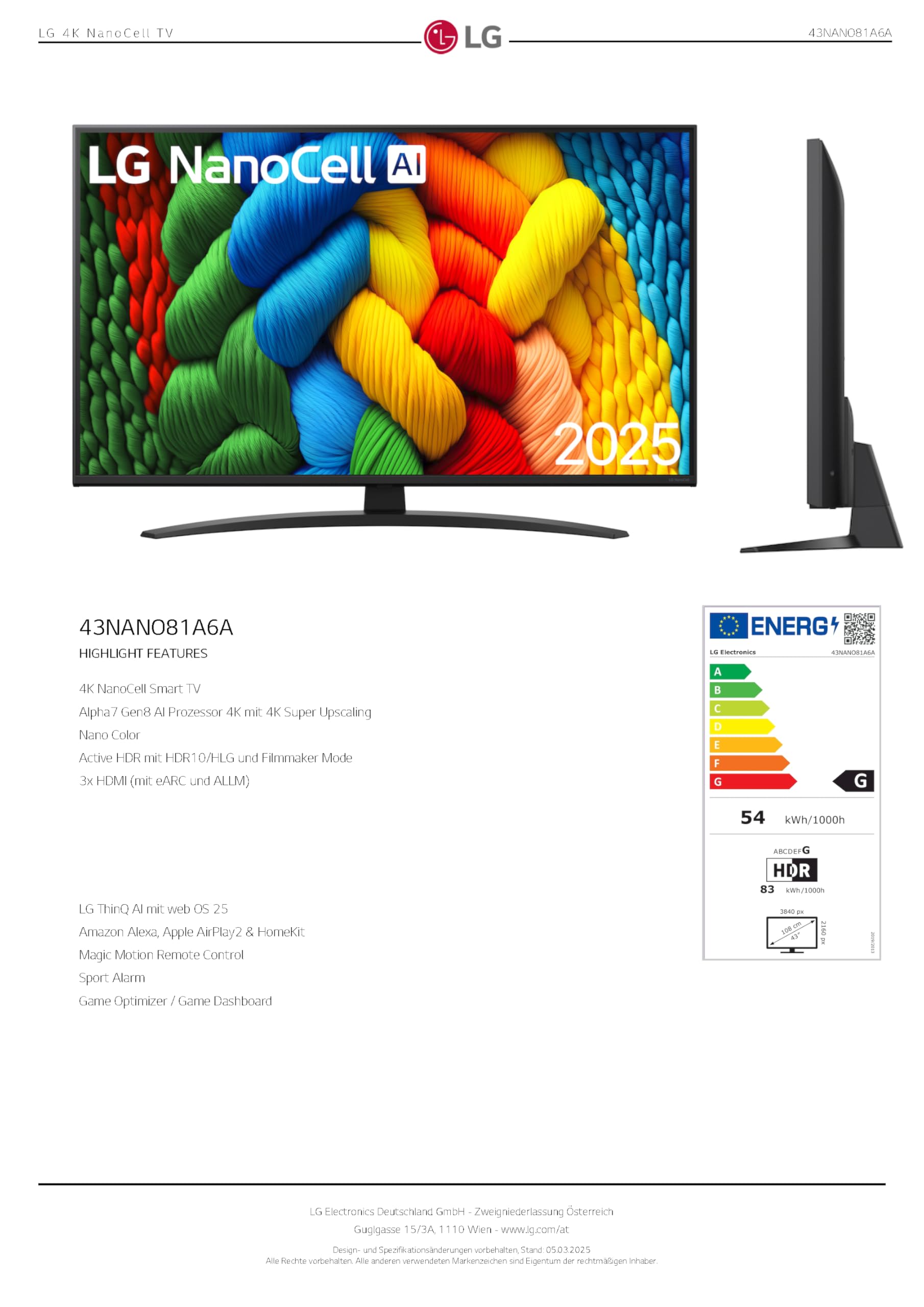 LG TV AI NANO81 (2025) 43 Zoll NanoCell UHD 4K - 43NANO81A6A