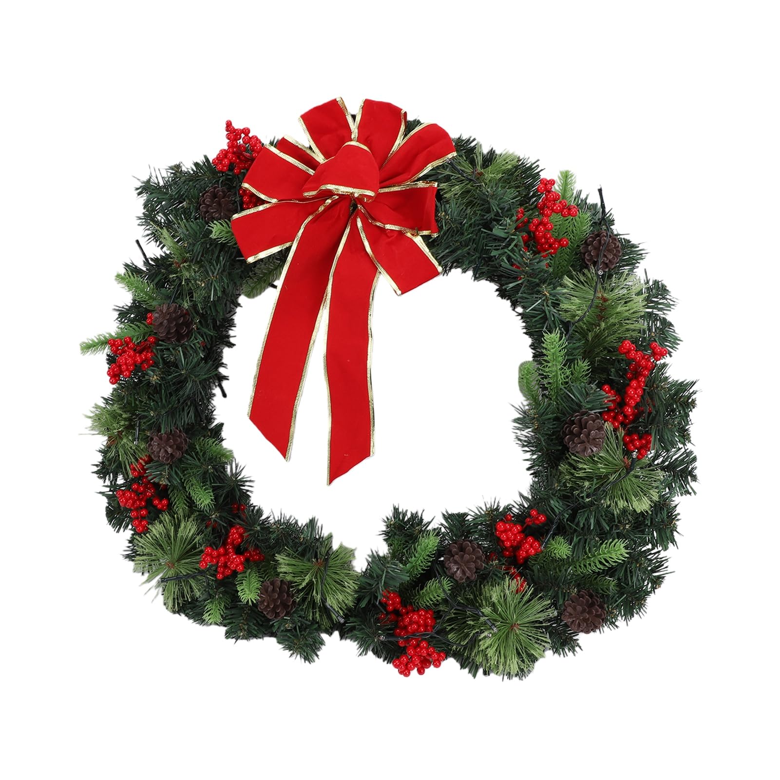 Generic Ghirlanda di Natale Finta da 24 Pollici con Illuminazione Multimodale, Bellissima Decorazione Natalizia con Fiocchi Rossi, Pigne e Bacche per Porte D'ingresso e Caminetti