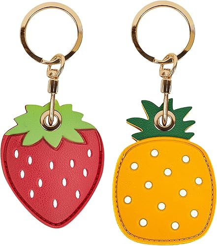 Funda de cuero para llavero compatible con Apple AirTag, rastreador de llavero GPS Airtag con llavero, cubierta protectora antiarañazos (fresa-piña)