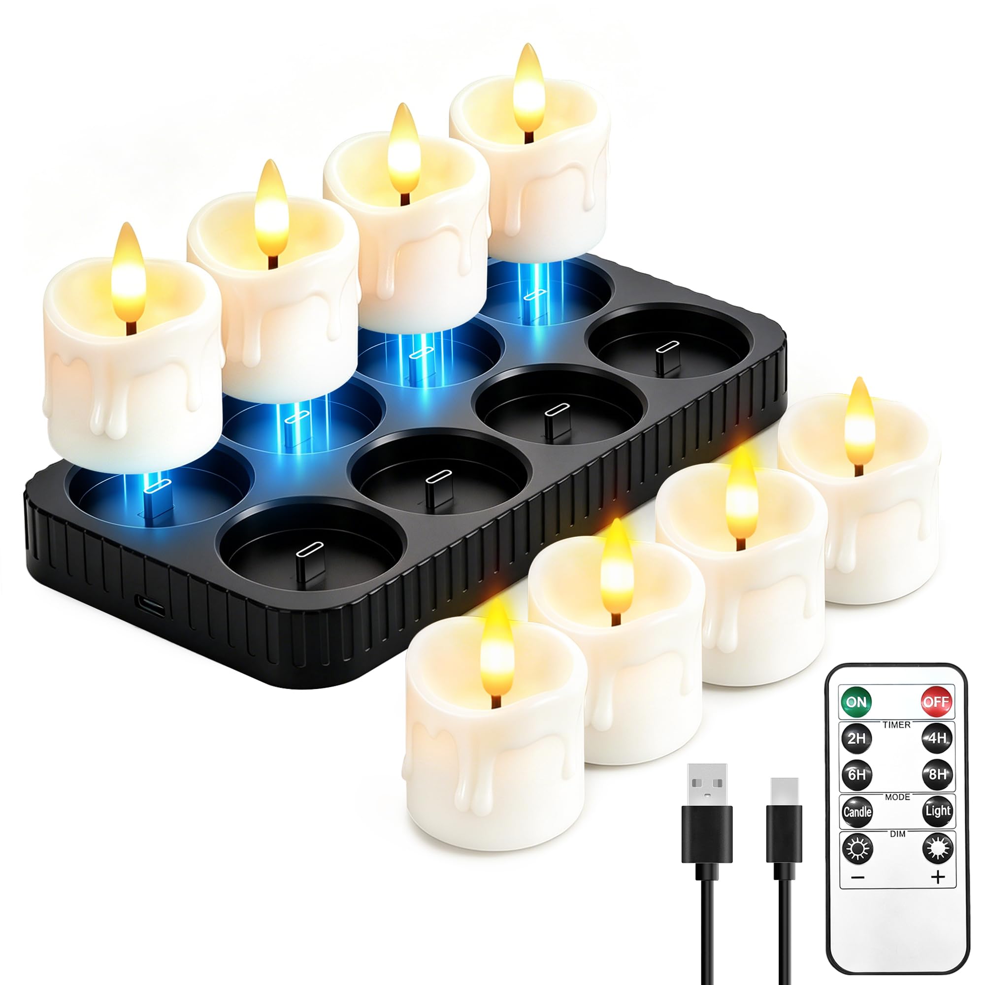 8 Pc Flameless Candles - Tea Lights With Charging Base And Remote Control