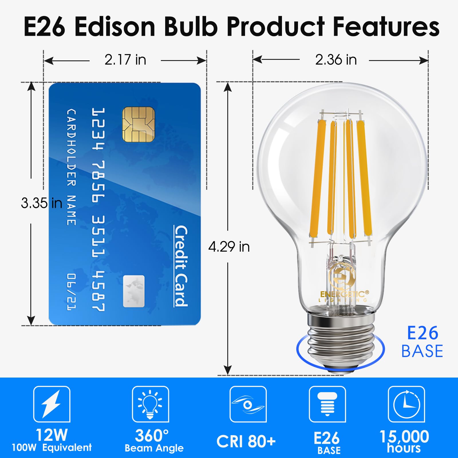 Energetic Ampoule LED Edison A19 à intensité variable, équivalent à 12 W, 100 W, 1600 lm haute luminosité, blanc doux 2700 K, spot à filament LED antique transparent pour la maison, salle de bain