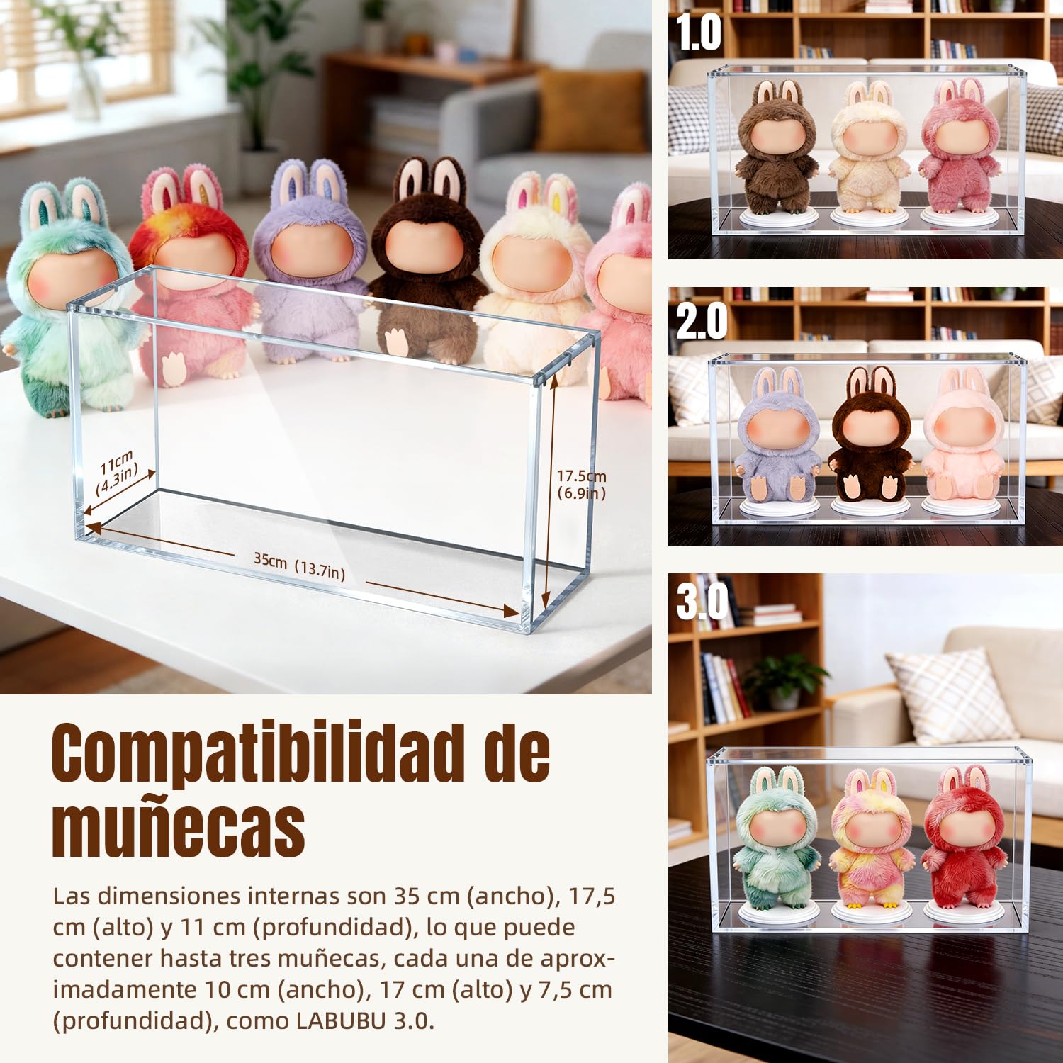 Mcbazel Caja de acrílico de Alta Transparencia Compatible con LABUBU, Vitrina magnética Protectora para Pop Mart, soporta 3 muñecas, con Soporte para muñecas – 35 cm × 11 cm × 17,5 cm (Grosor 8+5