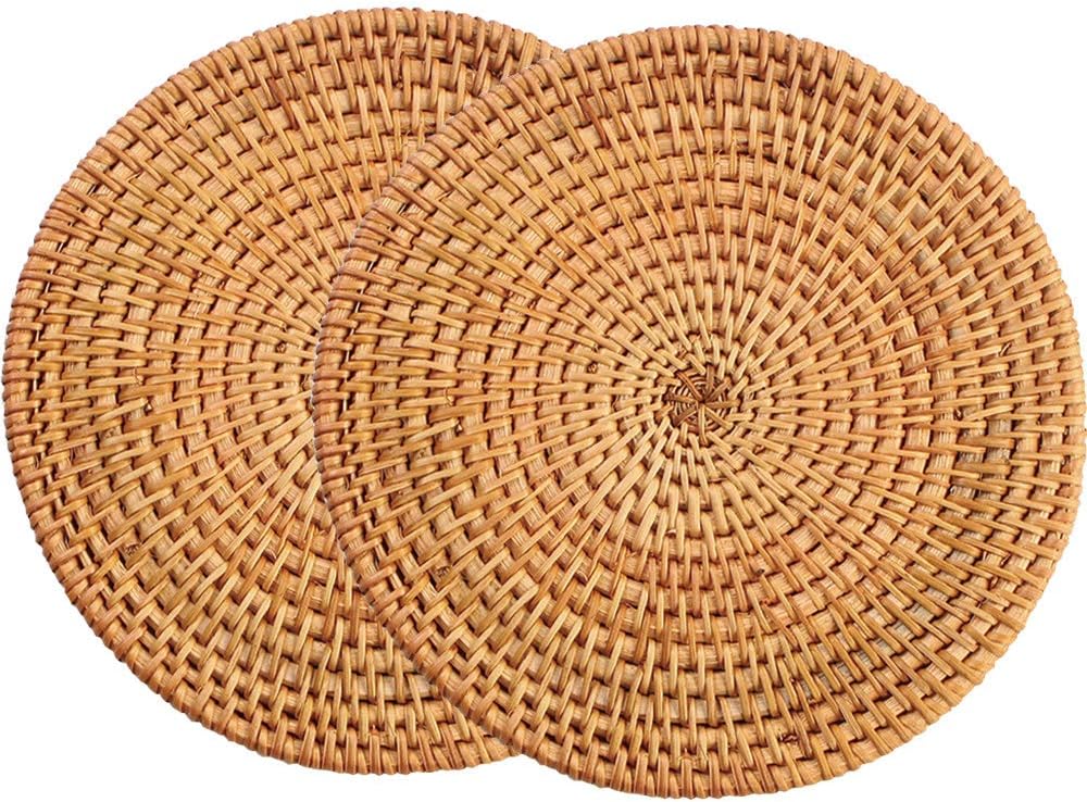 13" Natural Hand Woven Rattan Placemats for Dining Table,Decorative Heat Resistant Mats for Kitchen Coutertops,Hot Dishes,Pots and Pans,Round Diameter 35CM (Set of 2,Gold)