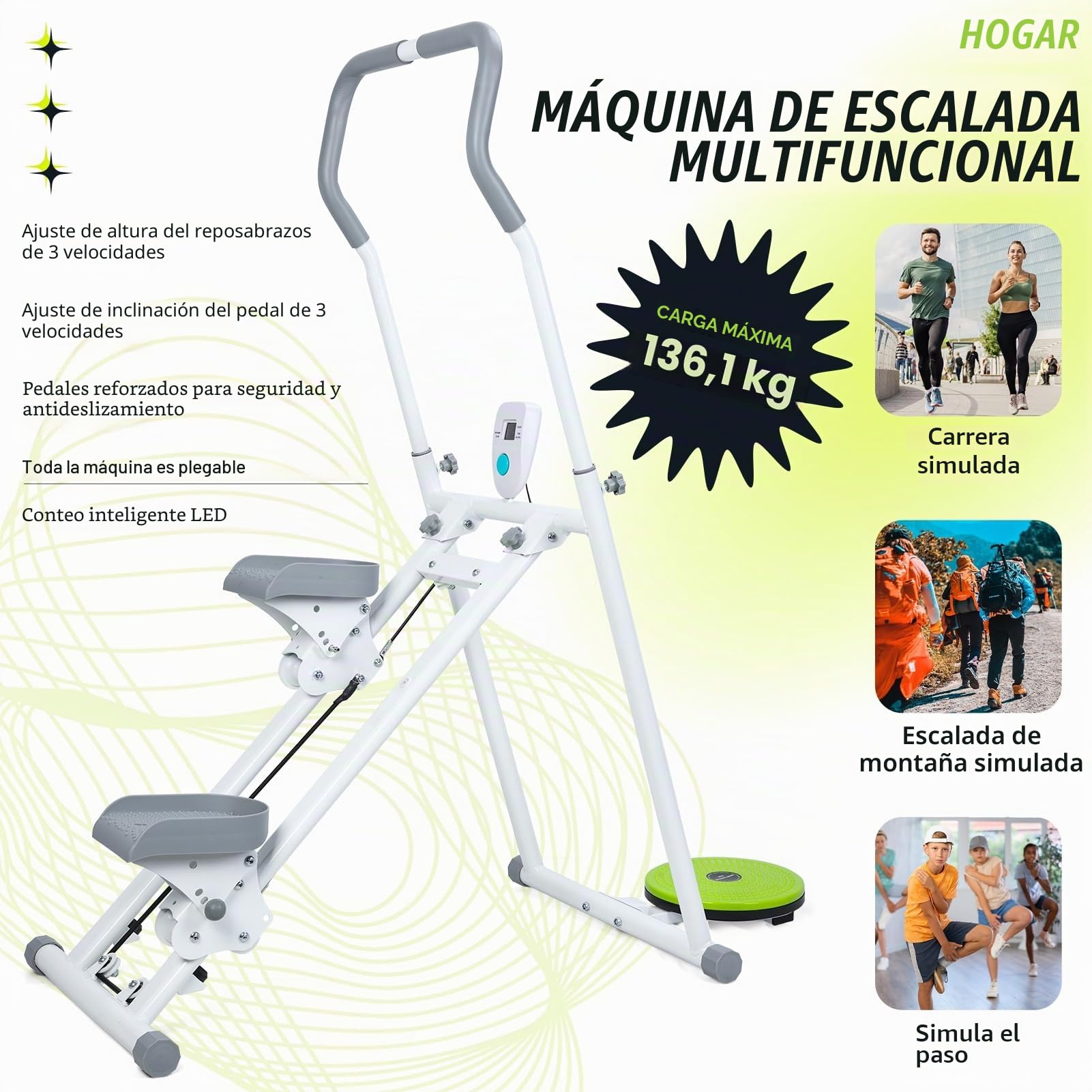 Máquina escaladora vertical de entrenamiento de cuerpo completo para gimnasio en casa, diseño compacto plegable con rango de escalones extendido, manubrio ajustable para ejercicio en