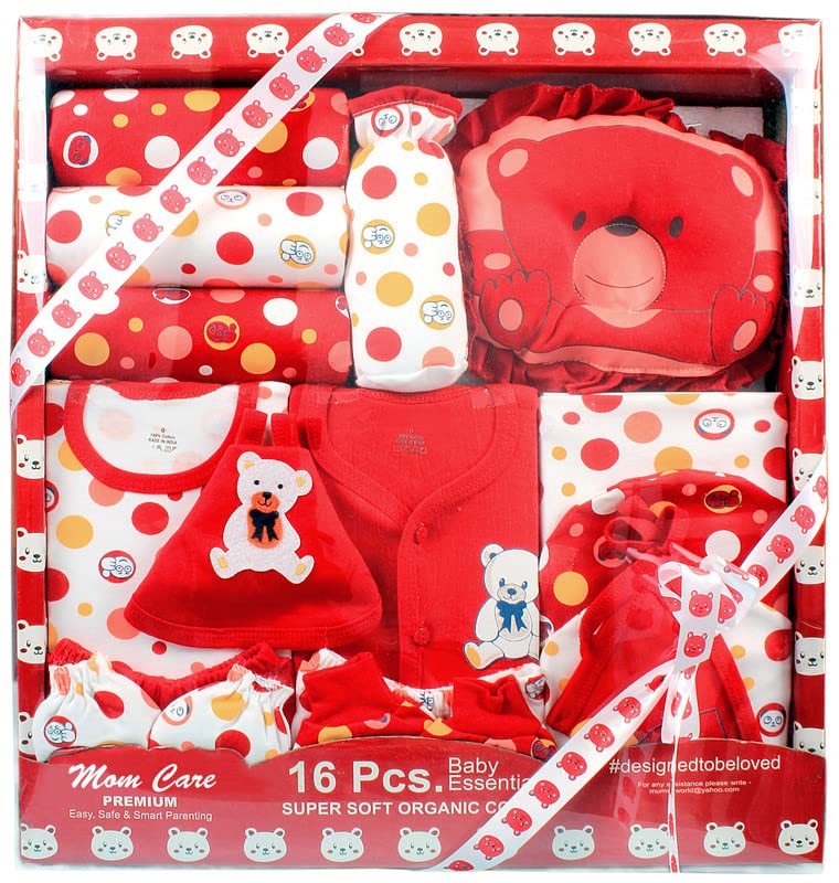 MOM CARE Newborn Baby Gift Set Has All Newborn Baby Essential Clothes in Baby Gift Set for or Girls Unisex 16 pcs Red