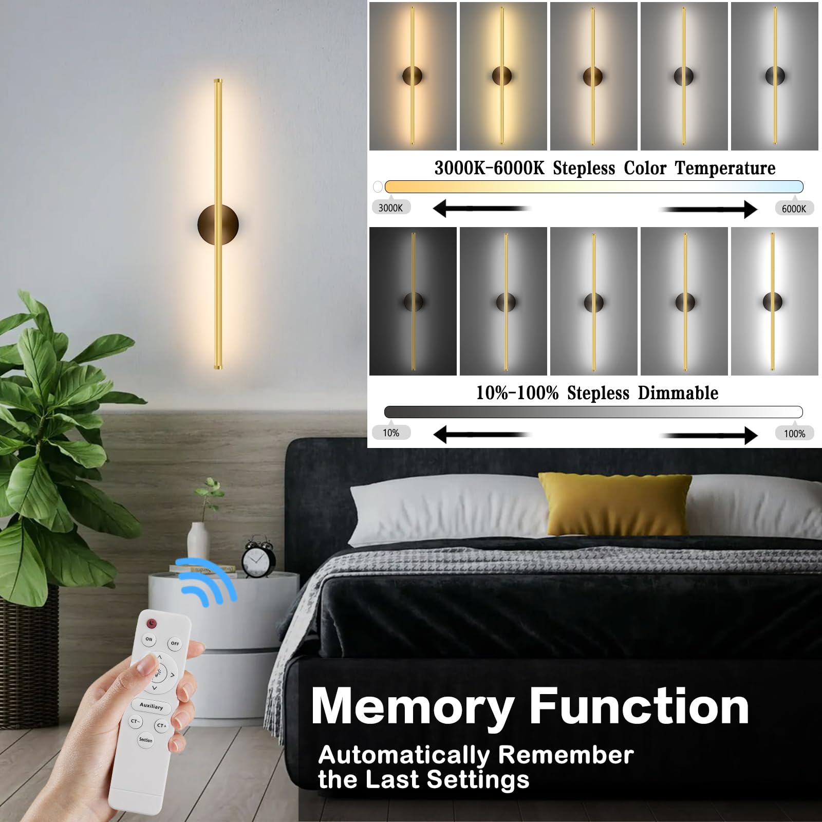 31.5'' Battery Operated Wall Sconces, Gold 10000 mAh Rechargeable Wall Lights with Remote Control, Wireless LED Dimmable Wall Sconce Set of 2, Modern Magnetic Wall Lamp Decor for Living Room Bedroom